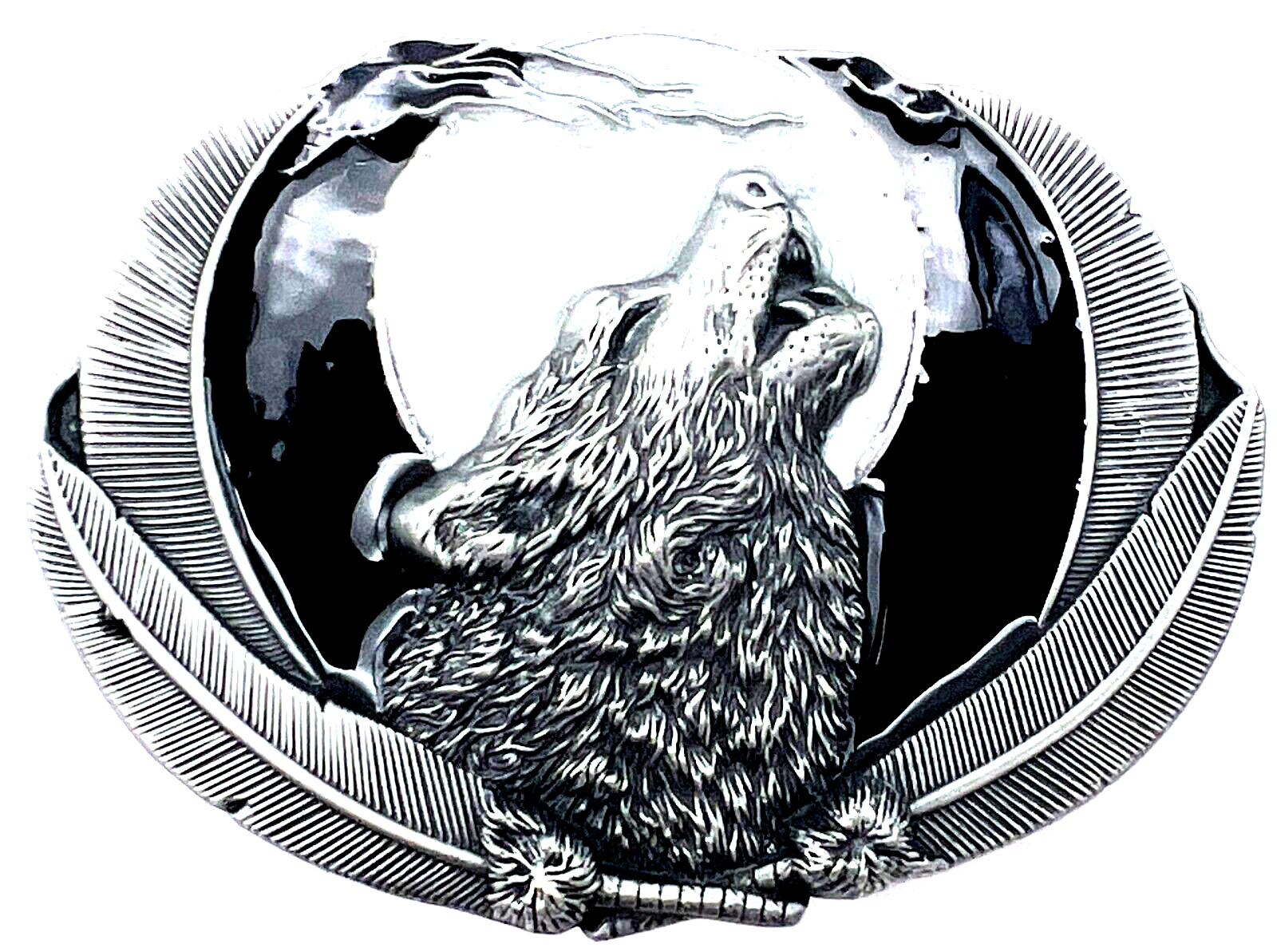 Wolf Framed by Feathers Enameled Belt Buckle New