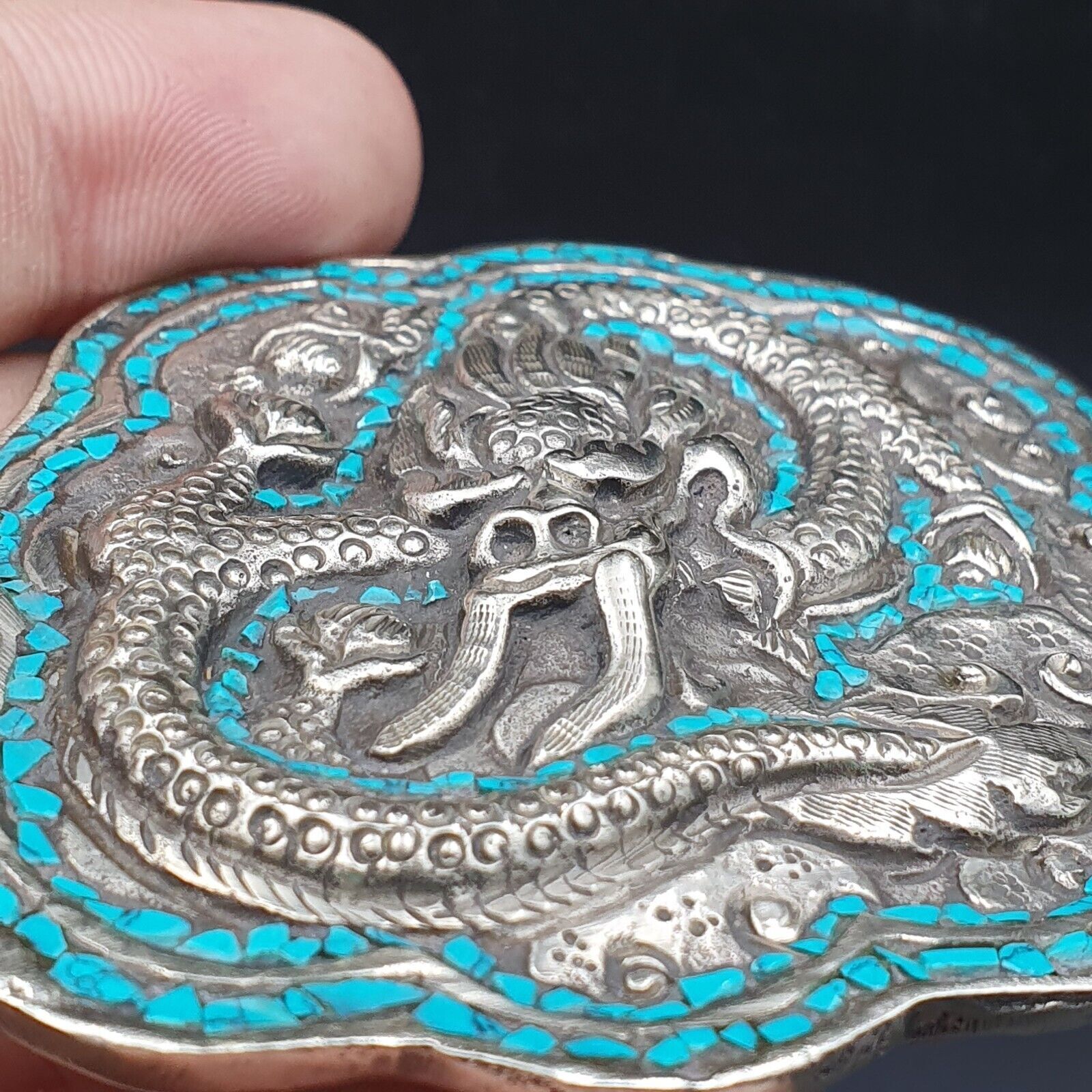 AA BIG MEN&rsquo;S VINTAGE Natural Turquoise Metal Silver Gild Engrave Dragon Belt