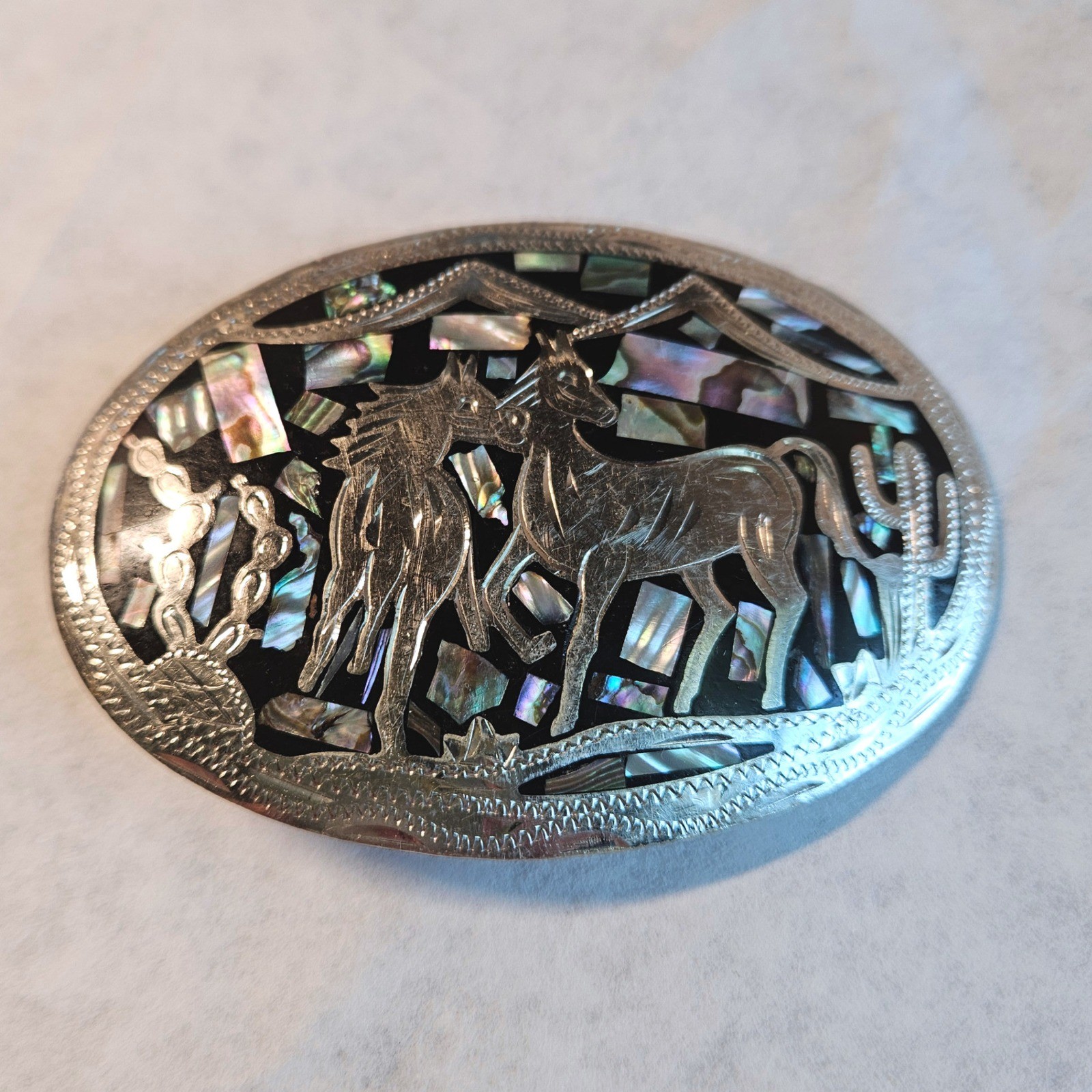 Vintage Alpaca Mexico Abalone Inlay Horse Belt Buckle Southwestern Desert Scene