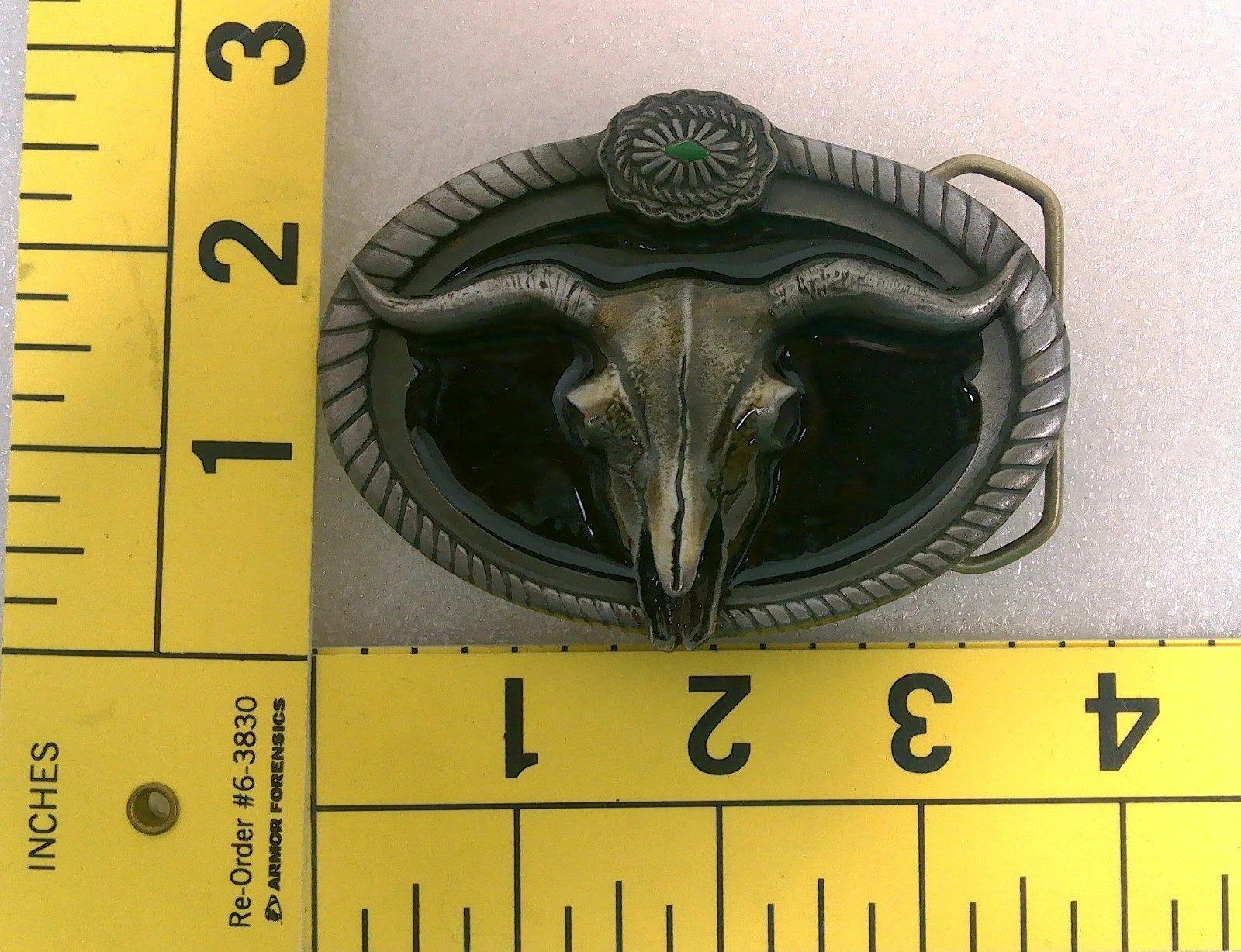 Vintage Pewter Belt Buckle Bull Skull Longhorn Cow Design Rope Border