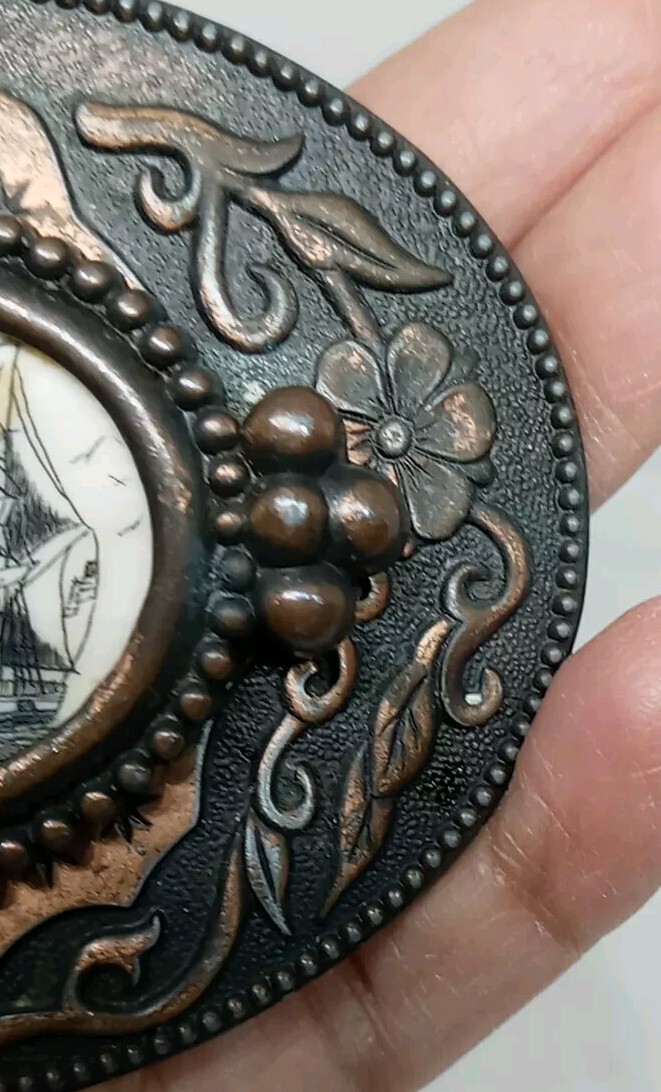 Vtg. 1970s Sailing Ship Belt Buckle W Birds. Brass Plated Metal. Ornate Edges.