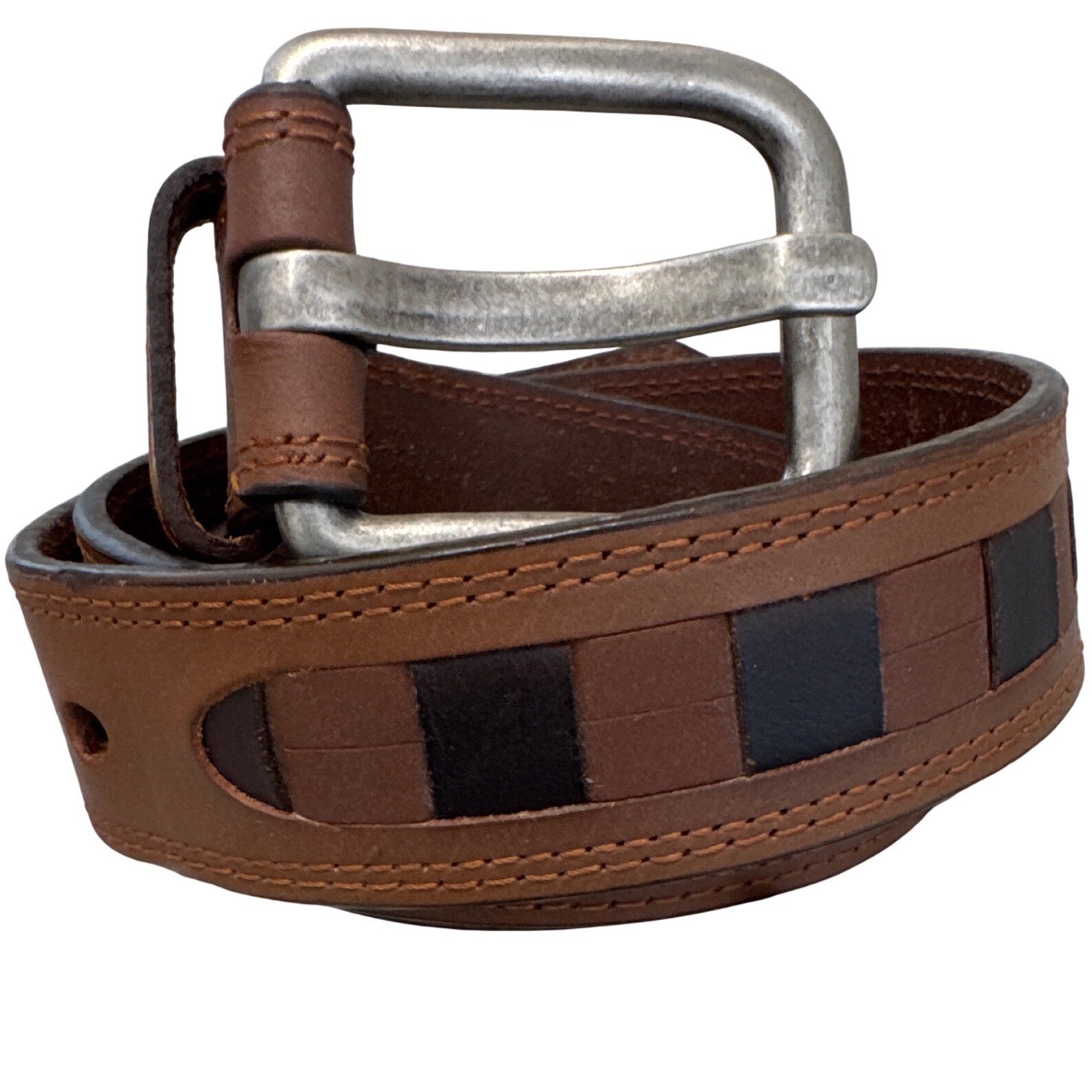 Men&rsquo;s brown leather belt featuring a prominent woven-inlay pattern size 44