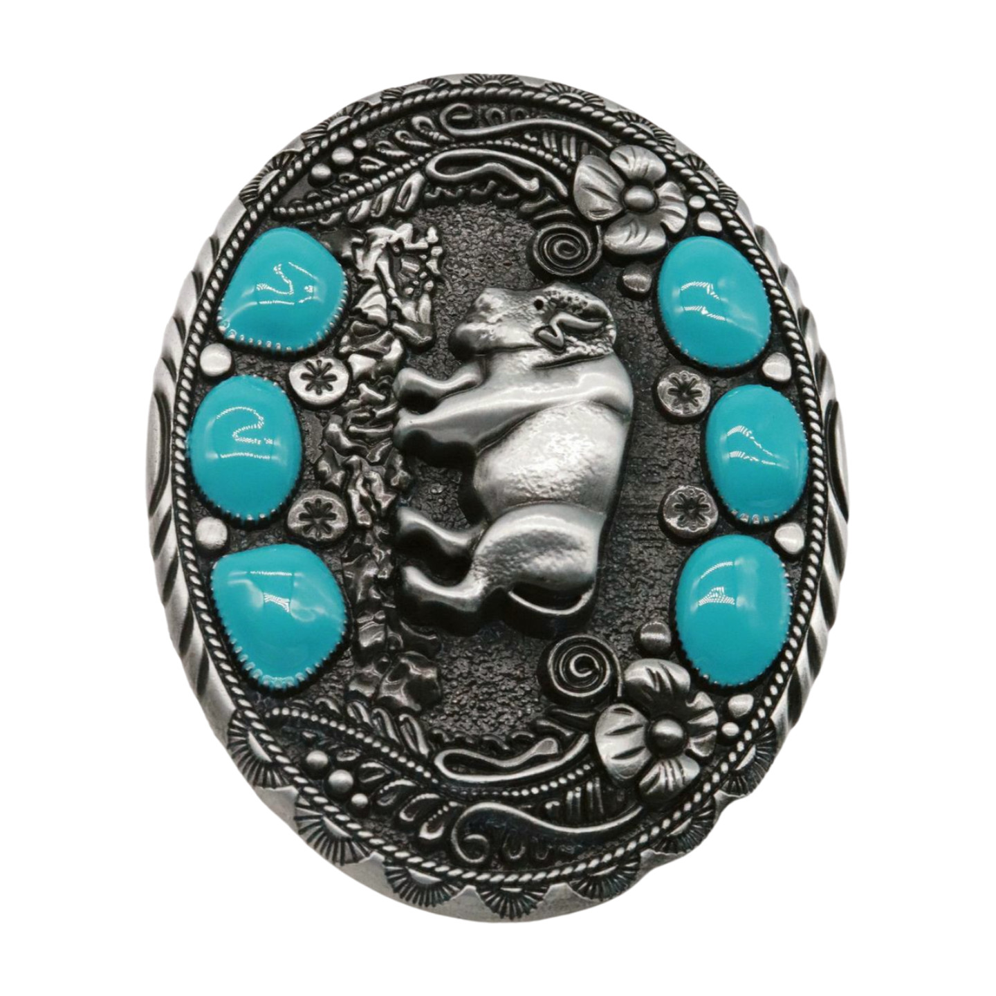 Men Western Belt Buckle Dark Silver Metal Cowboy Bison Buffalo Ox Oval Shape