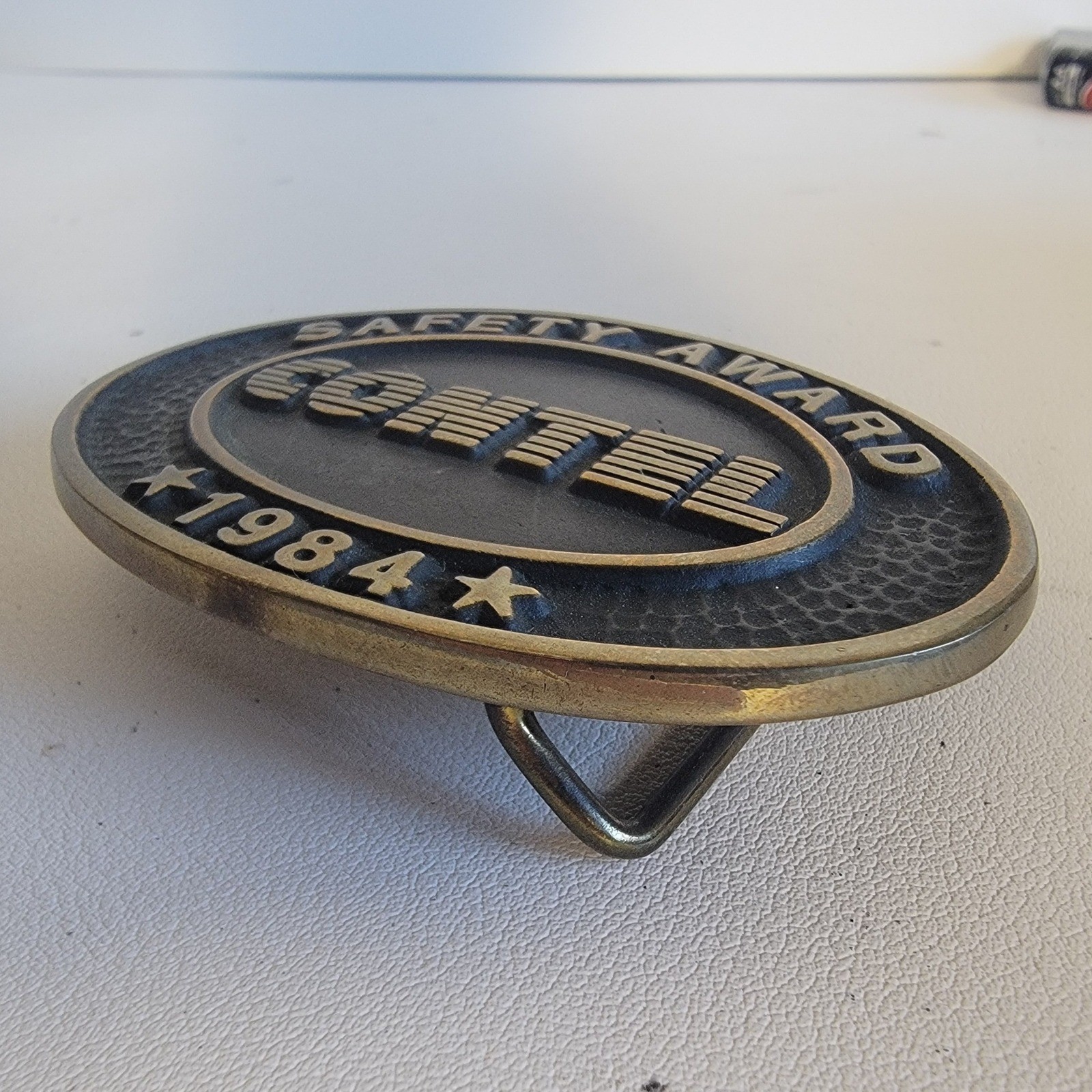 Contel Safety Award Belt Buckle 1984 Anacortes Brass Works Solid Brass