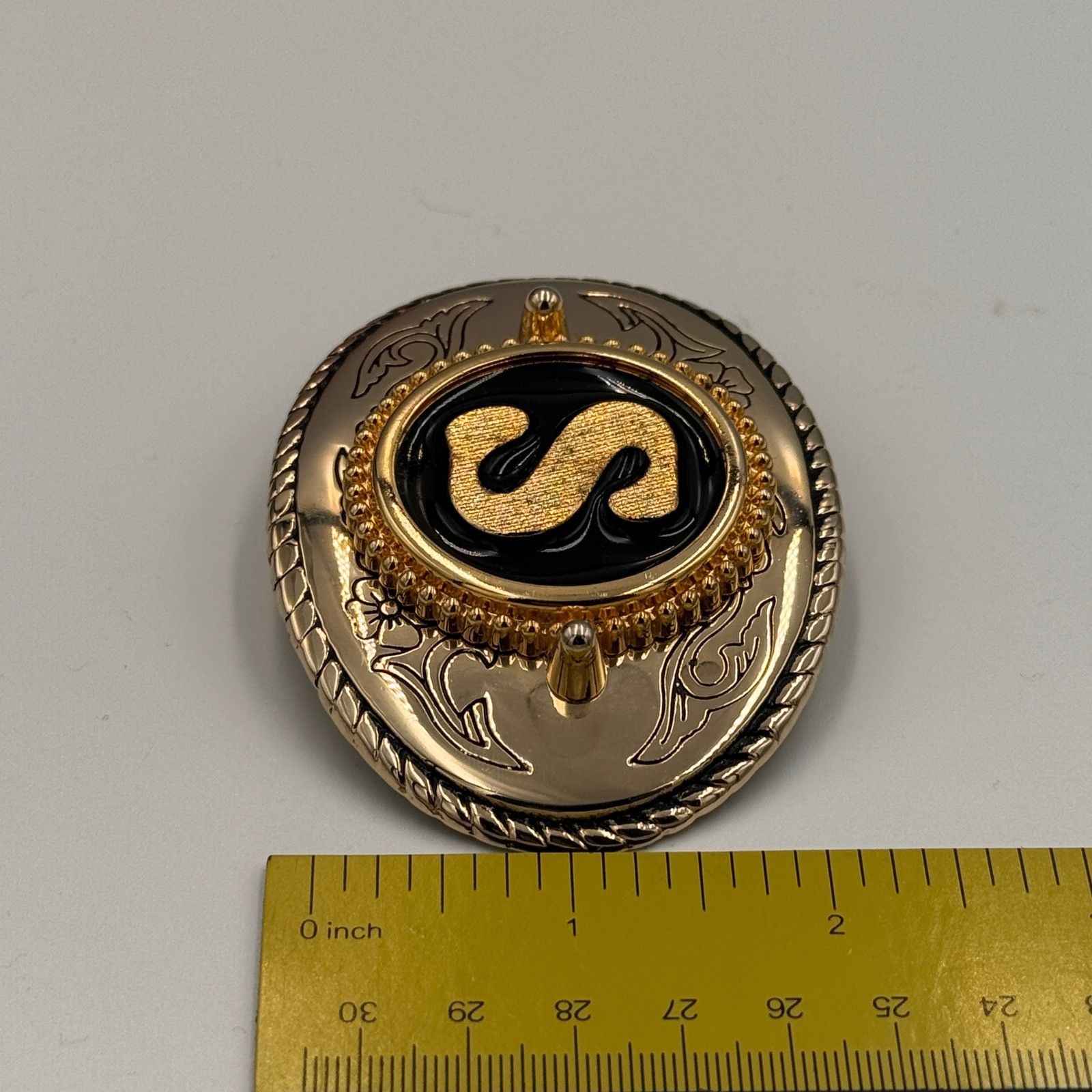 Vintage Western Belt Buckle Gold Tone Initial S Black Enamel Oval Made in USA