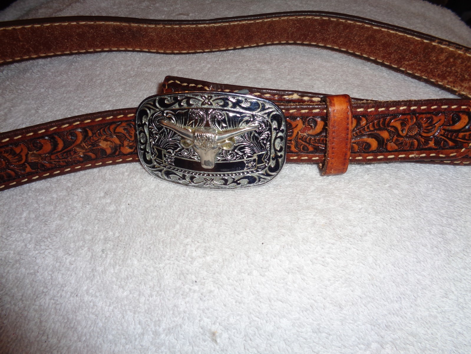 Silver With Gold Longhorn Bull Belt Buckle Leather Belt