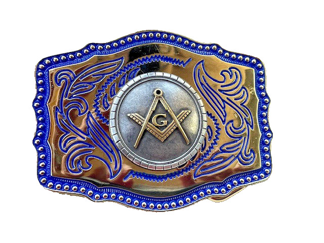 Masonic Symbols Belt Buckle Western Style Blue and Gold (W167)
