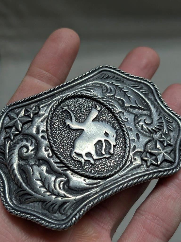 vintage 1970s belt buckle RODEO metal pewter WESTERN horse bronco COWBOY