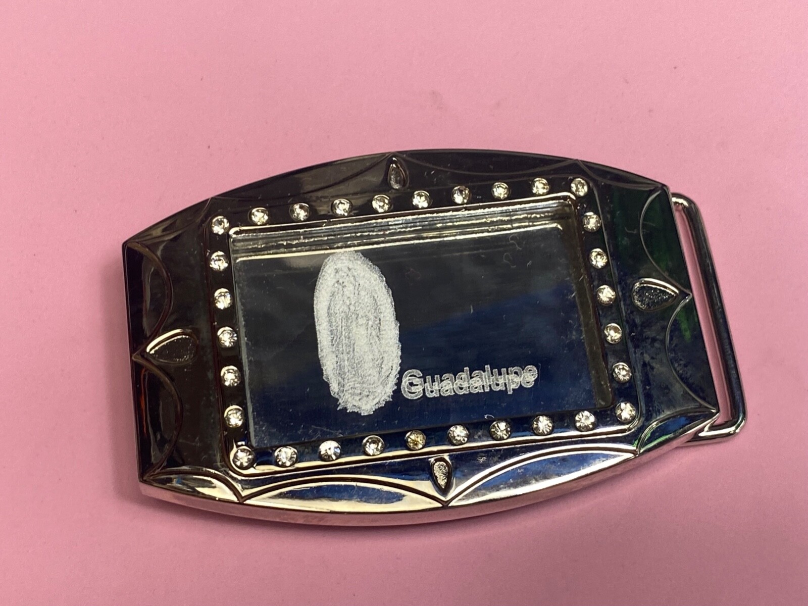 Unique Mirrored Guadalupe With Rhinestones Silver Color Hologram Belt Buckle