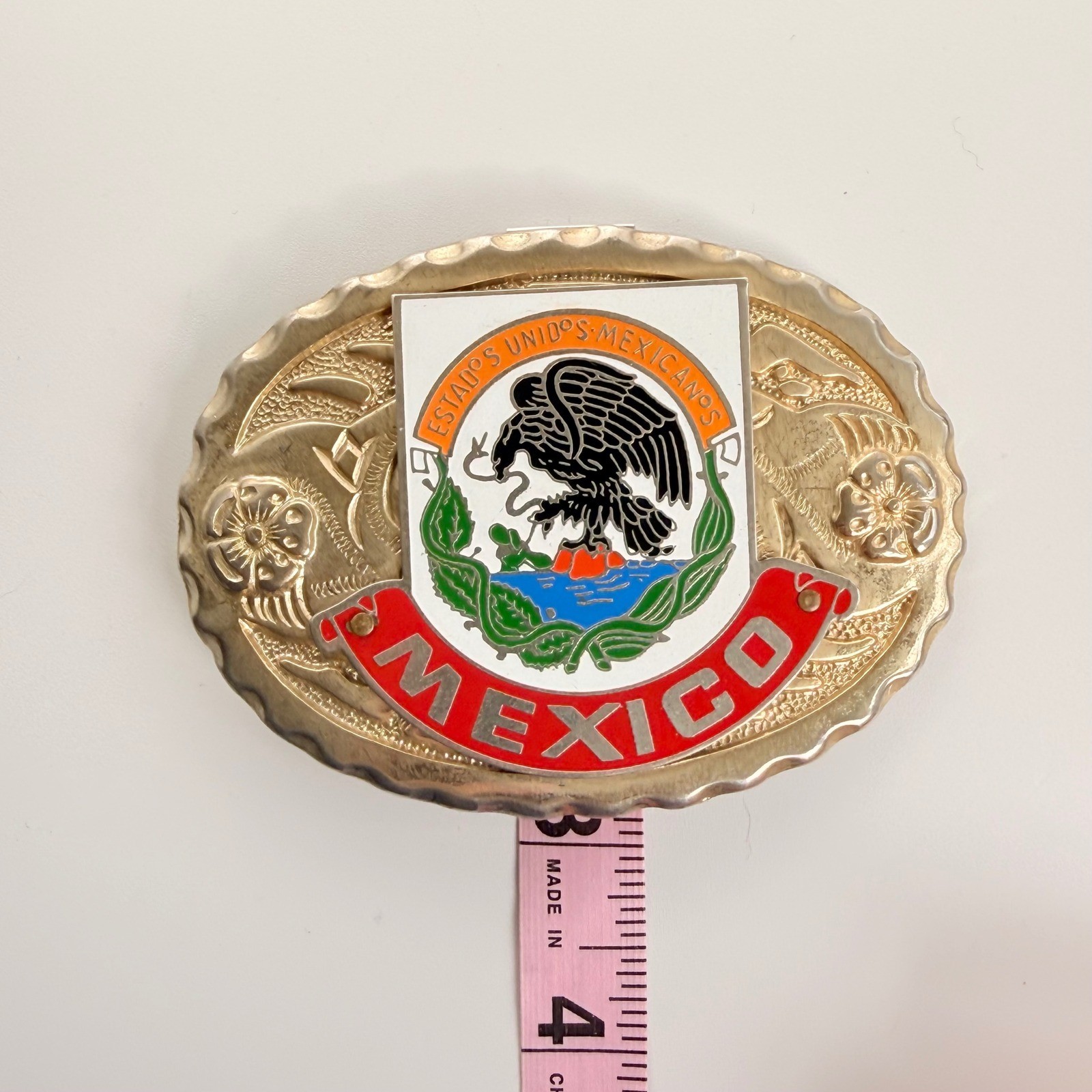 Vintage Mexico Coat of Arms Belt Buckle Gold Tone Enamel Western Made in USA