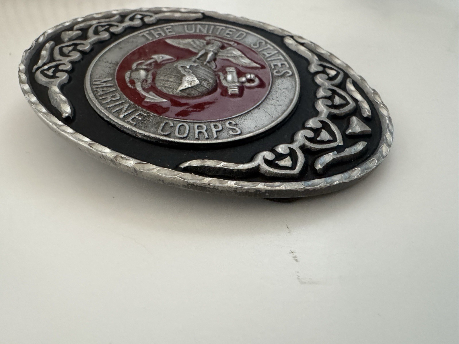 U.S. Marines Belt Buckle Pewter & Red Enamel Vintage United States Marine Corps