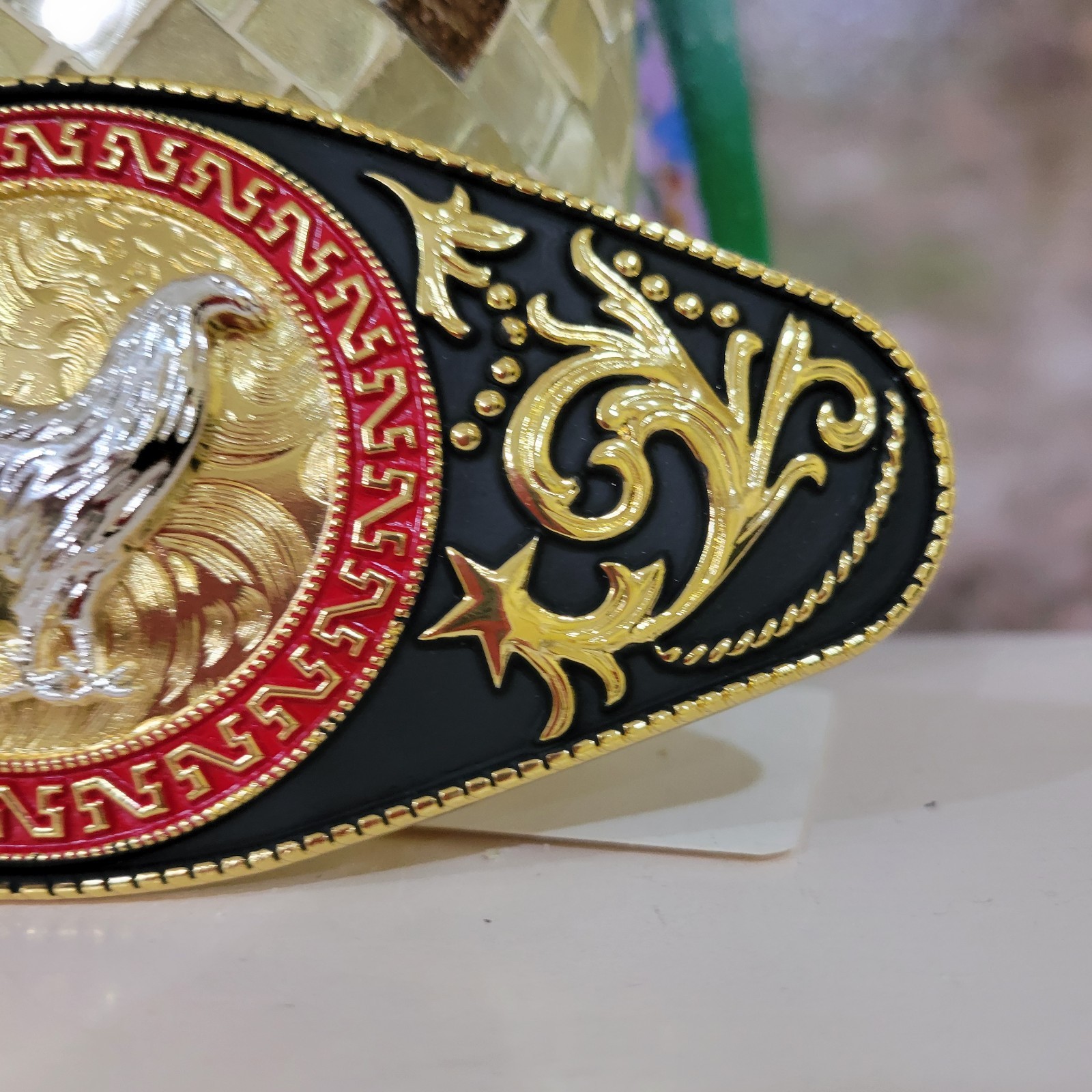 Rooster Western Men Long belt Buckle 7×3.25 Gold , red and black oblong
