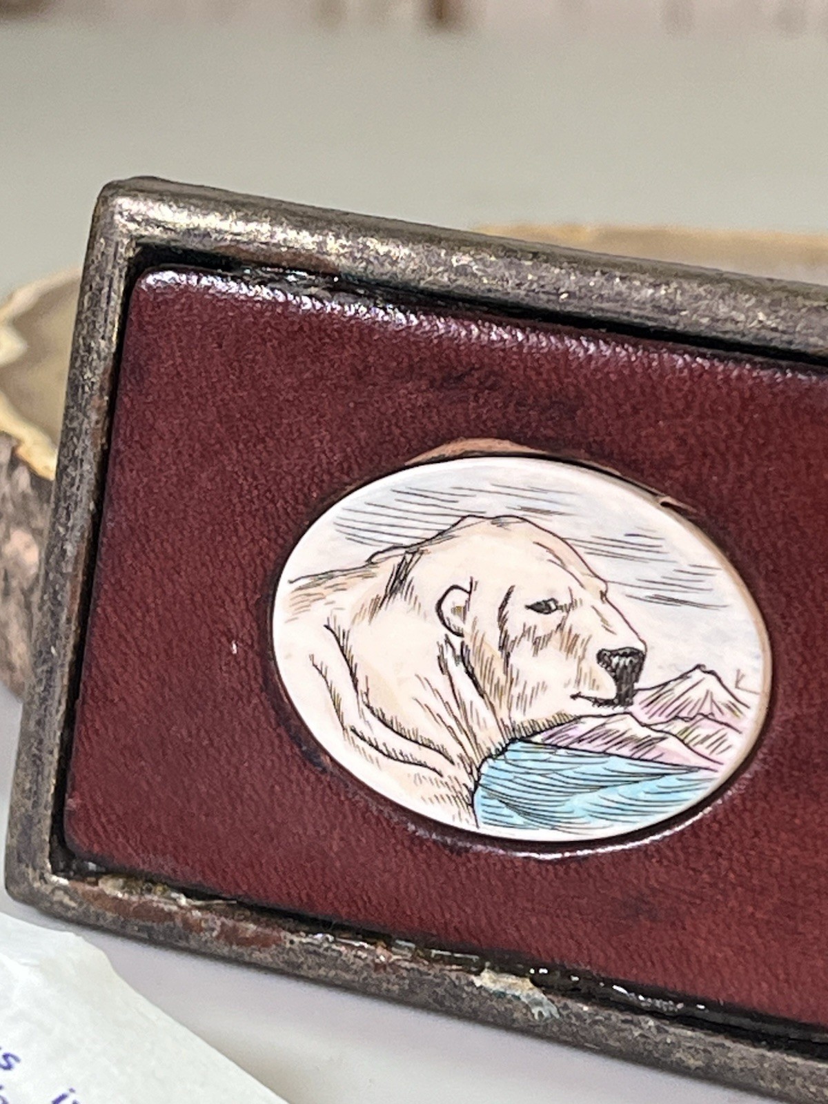 VTG Solid Brass Belt Buckle w/ Leather Native Made Polar Bear Scrimshaw Center