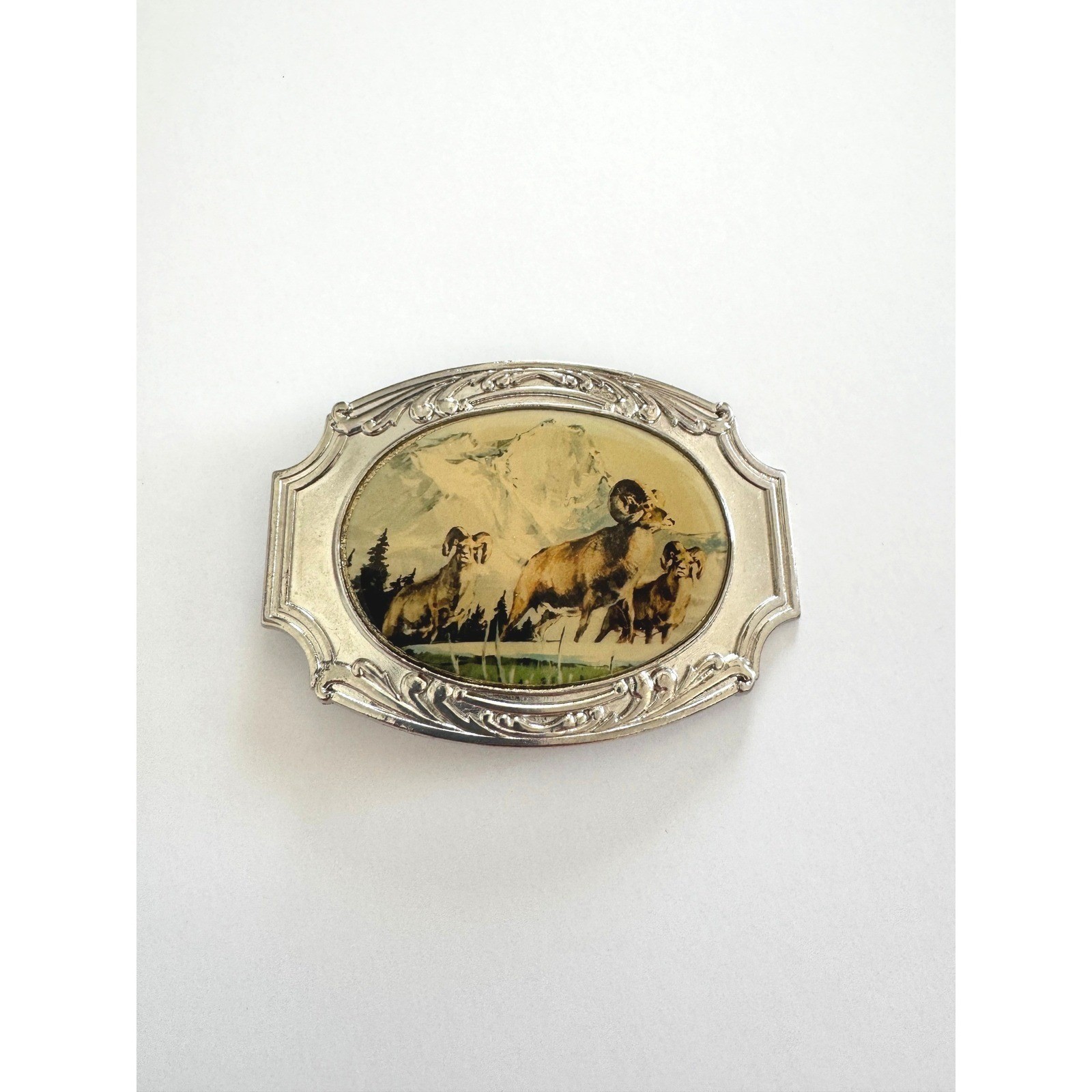 Century Canada Vintage Bighorn Sheep Mountain Scene Silver Tone Belt Buckle