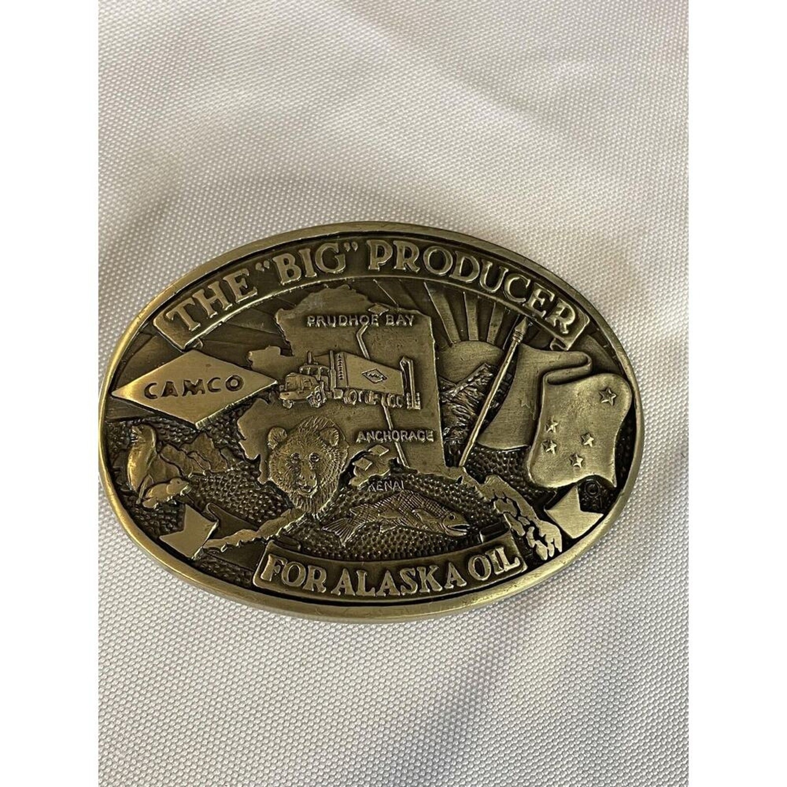 AMOCO THE BID PRODUCER OIL BELT BUCKLE ALASKA PRUDOE BAY BEAR SEAL FLAG SEMI