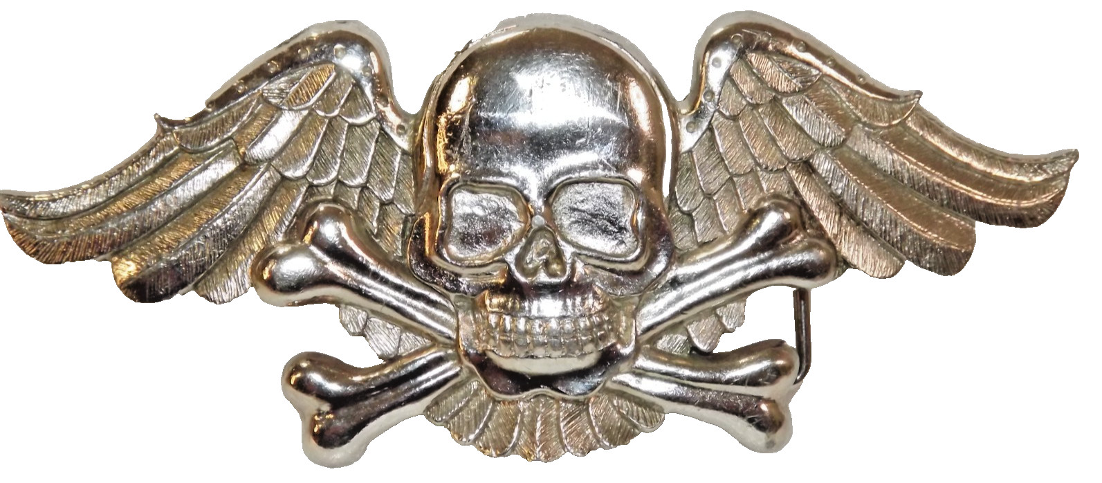 Skull Heavy Metal Belt Buckle Cross Bones w Wings Silver Tattoo Size 6&Prime;x 2.5&Prime;