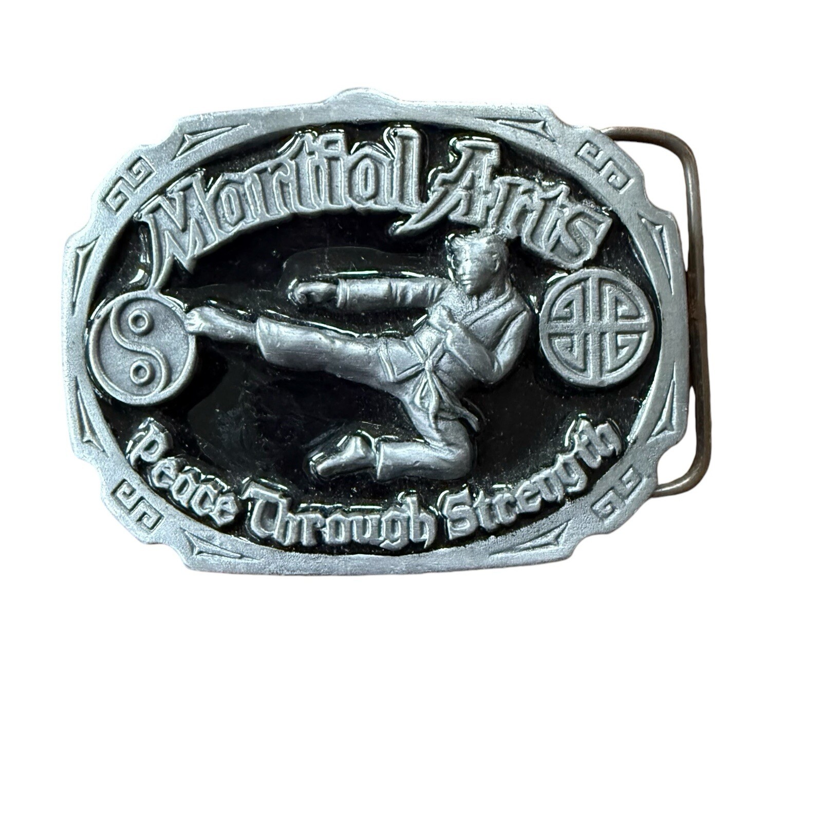 Vintage Martial Arts Belt Buckle Made In USA Peace Through Strength Kung