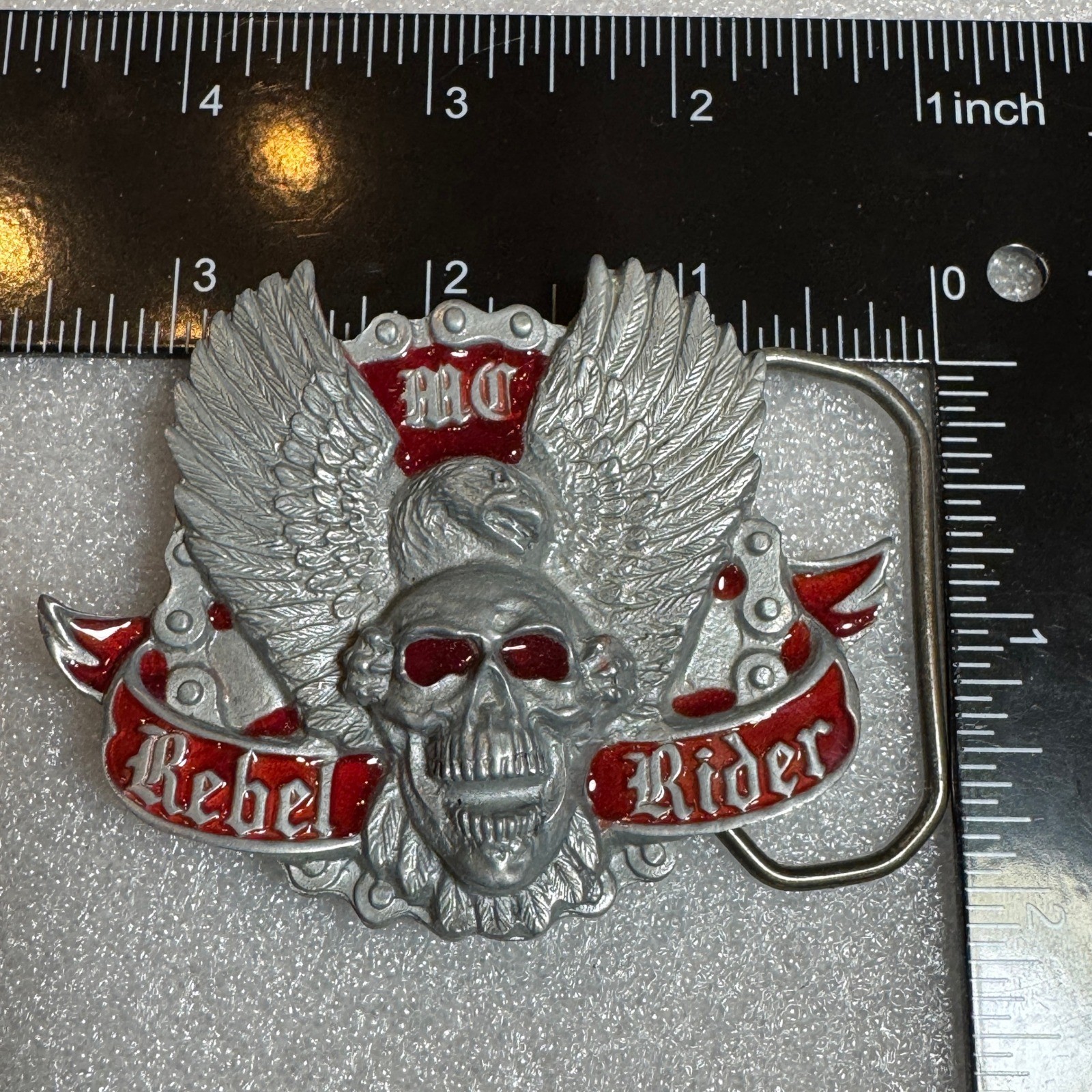Winged Skull Eagle MC Rebel Rider Belt Buckle Silver Tone Red Enamel Reissue
