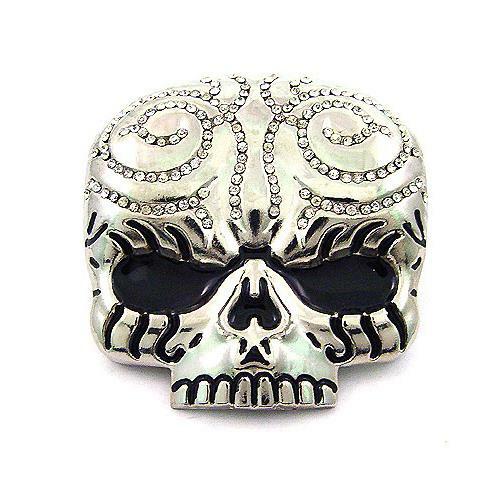 Tattoo Evil Skull Head Skeleton Rhinestones Silver Chrome Metal Belt Buckle