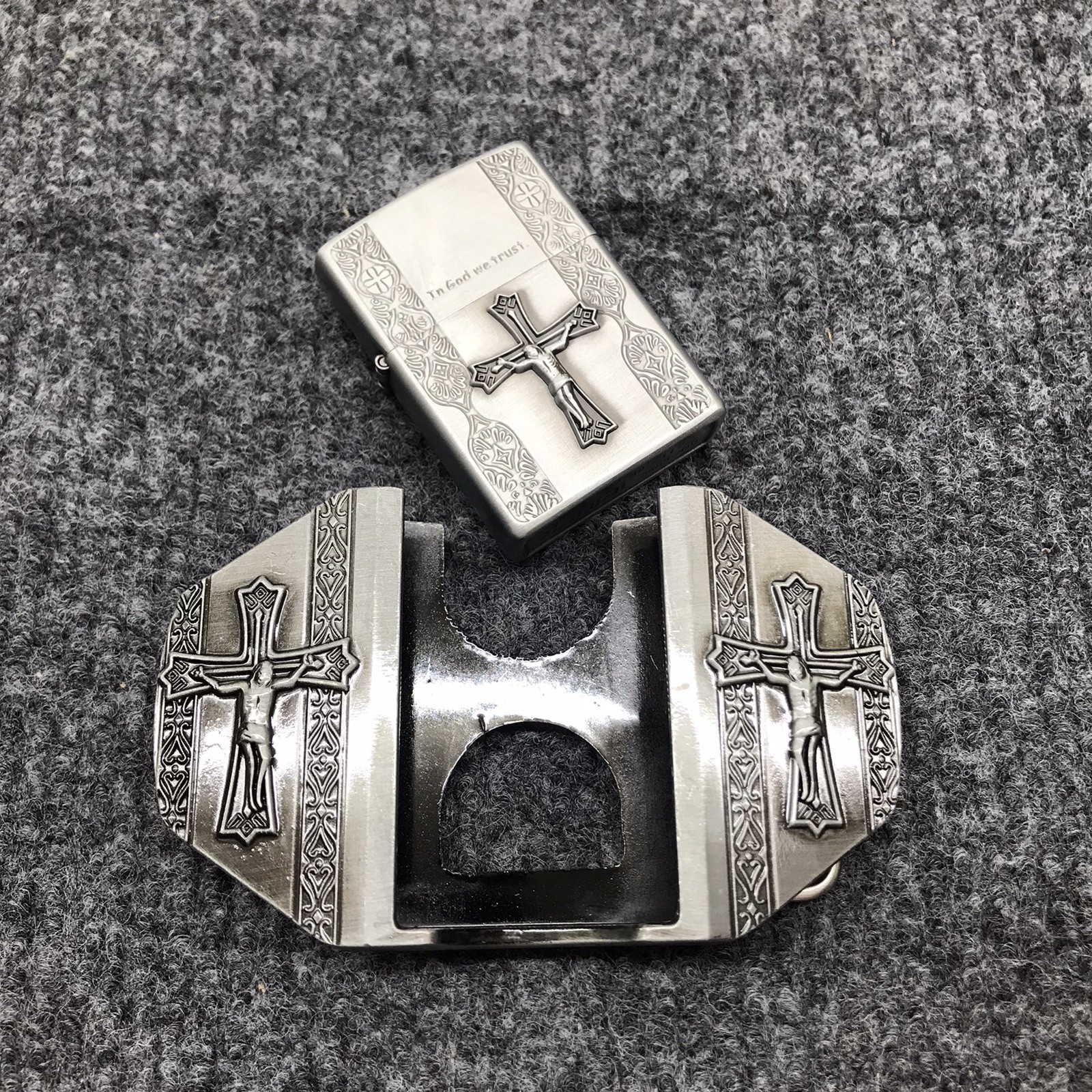 Antique Brushed In God we Trust Cross Belt Buckle with Lighter, Stock in US