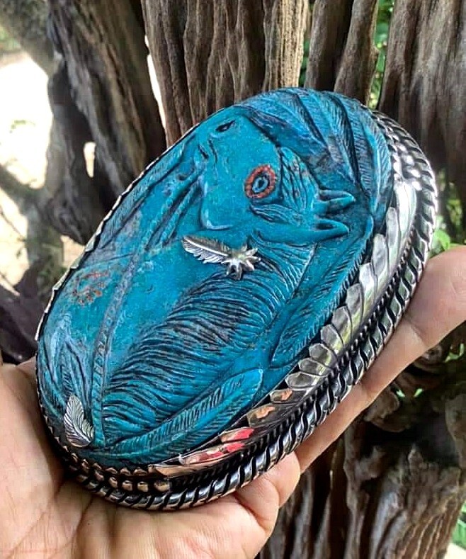 American Vintage Horse Design Sterling Silver Turquoise Coral Belt Buckle