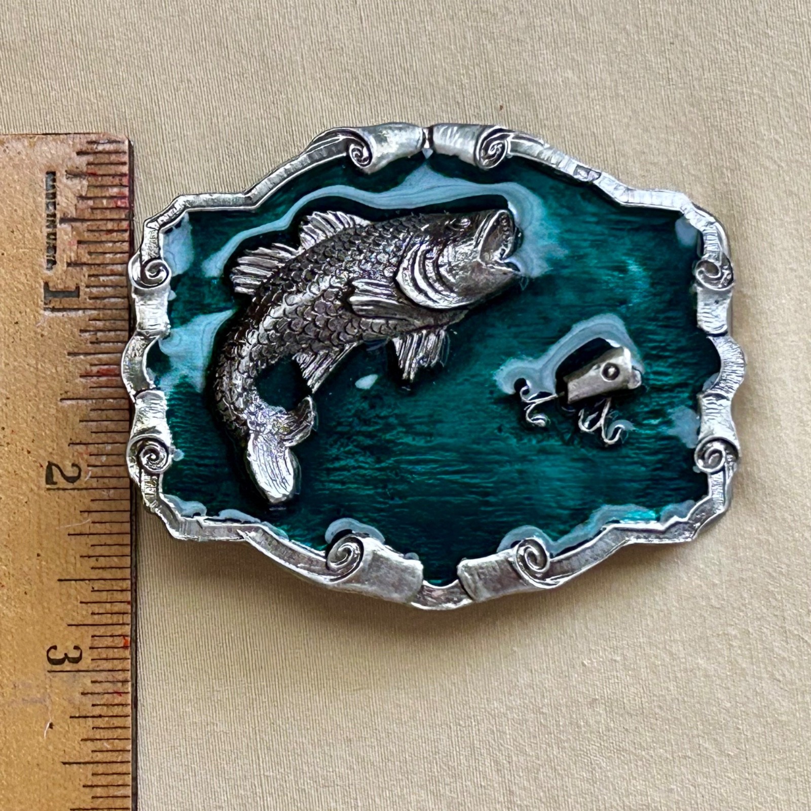 Fish Belt Buckle Green Enamel Metal Largemouth Bass and Lure 2007