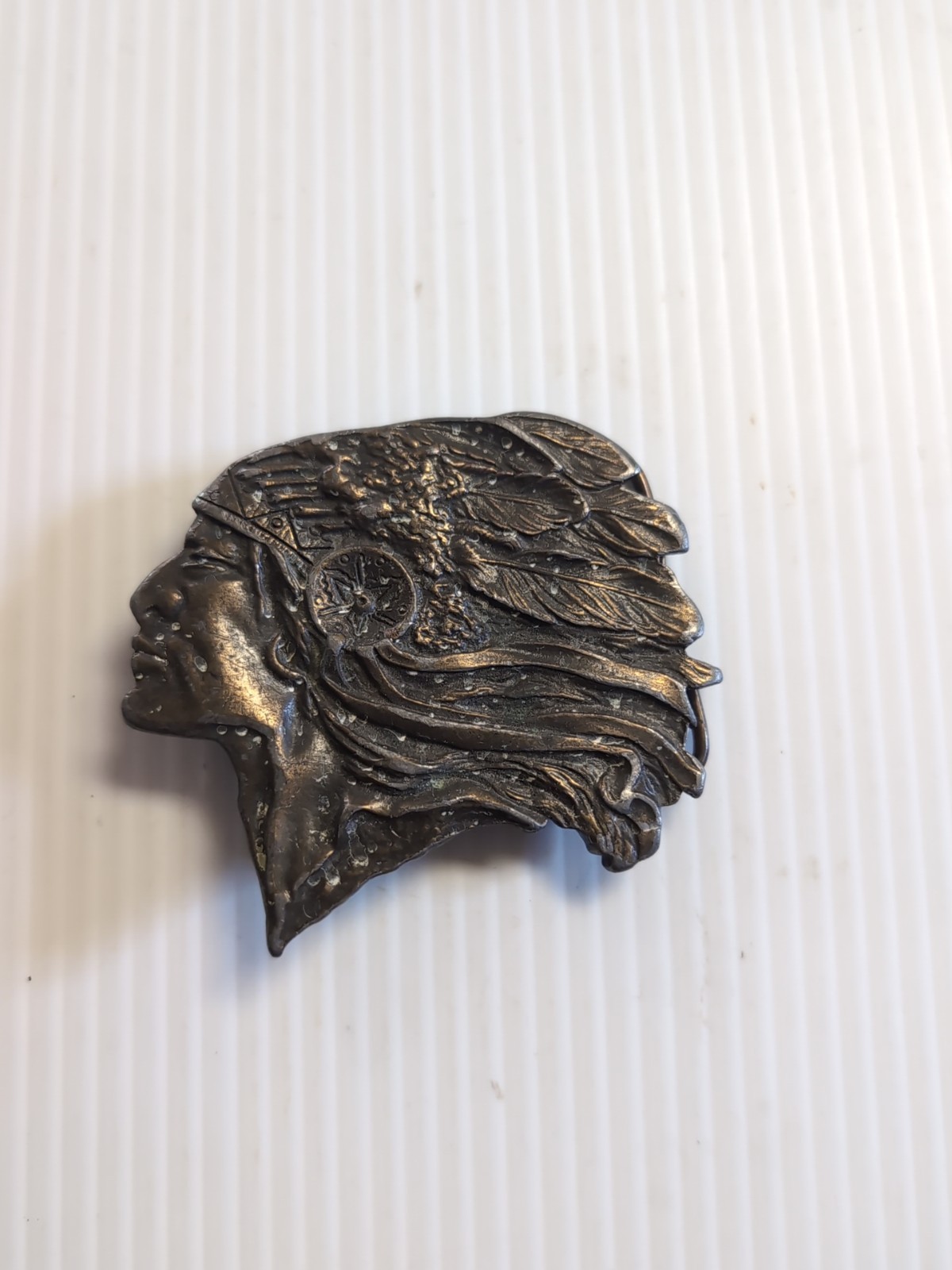 Vintage Indian Chief Head Motorcycle Brass Belt Buckle Native American Headdress