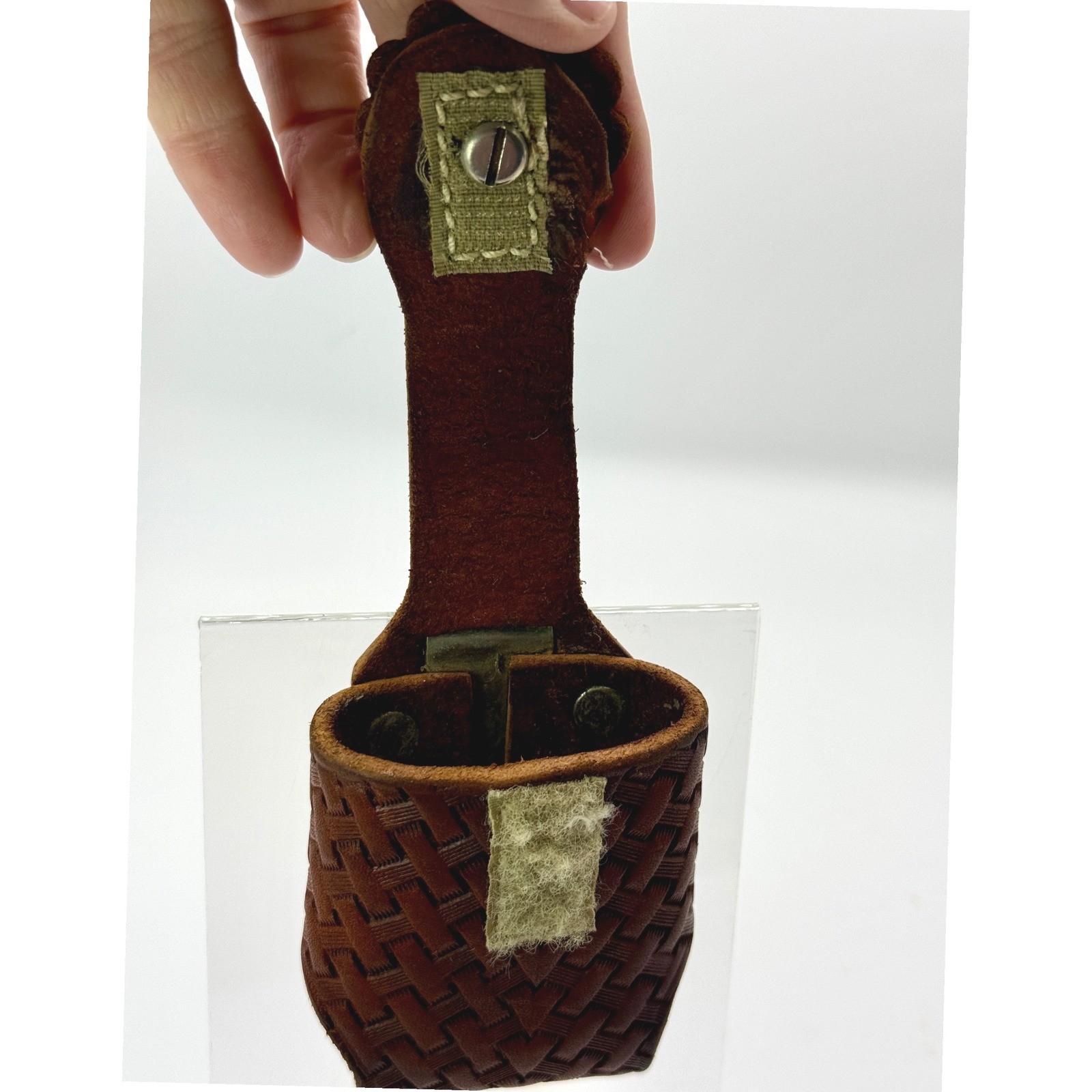 Vintage Hand Tooled Leather Belt Pouch Basket Weave Western Turquoise Concho