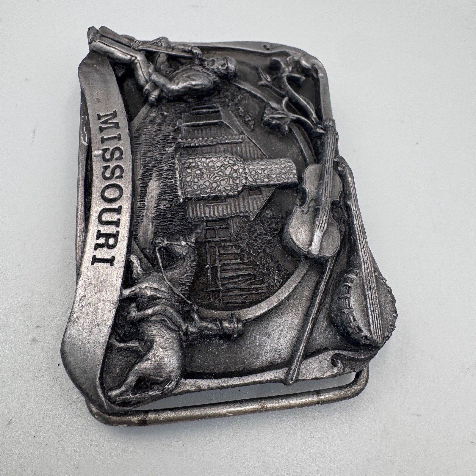 Vintage Missouri State Belt Buckle Pioneer Log Cabin Fiddle Banjo Pewter Tone