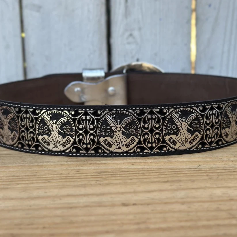 Genuine Laser Cut Leather Centenario Western Belt with Removable Buckle – Silver