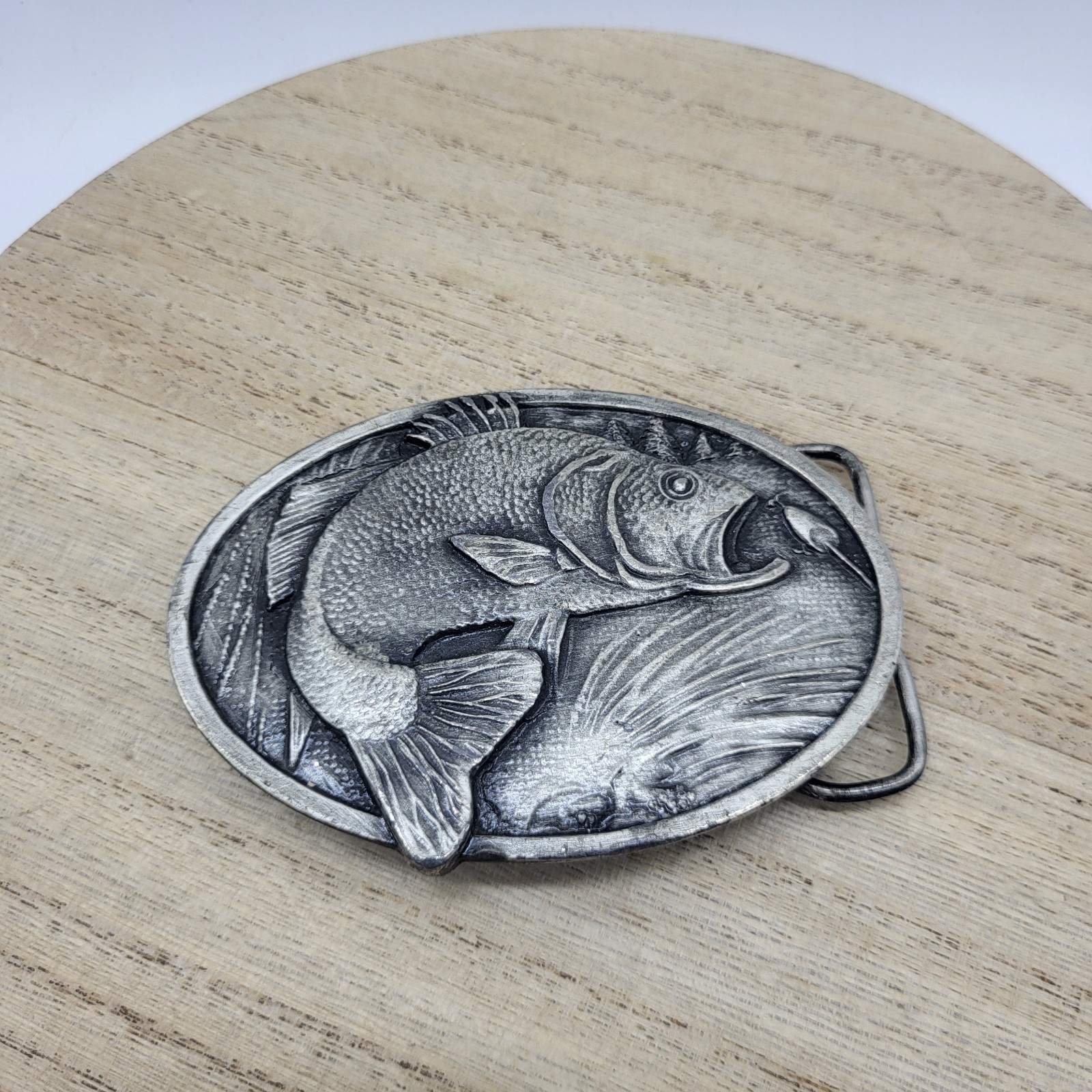 Vintage 1977 3D Jumping Bass Pewter Gray Bergamot X-144 Belt Buckle Heavy