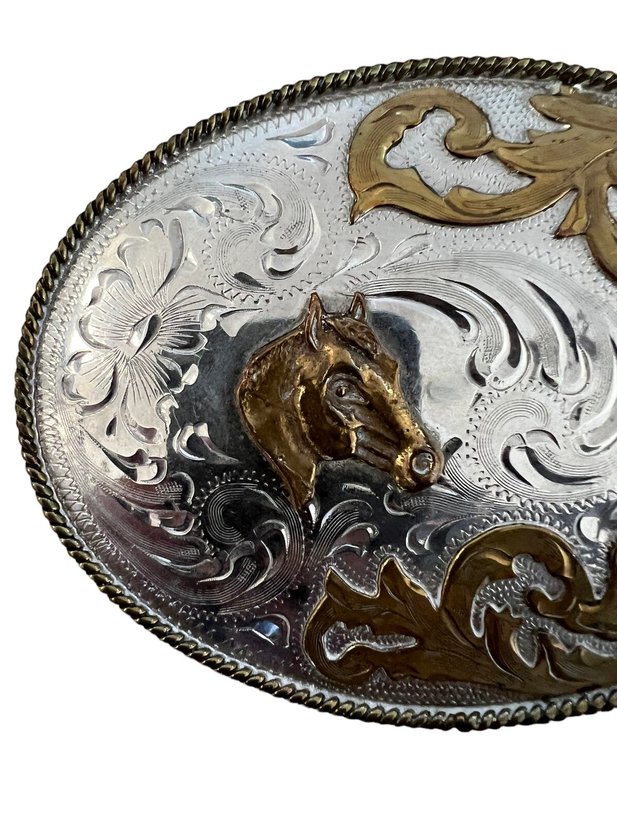 Horse Cowboy large belt buckle Alpaca Mexico 4.5&Prime; x 3.25&Prime; Rodeo Country