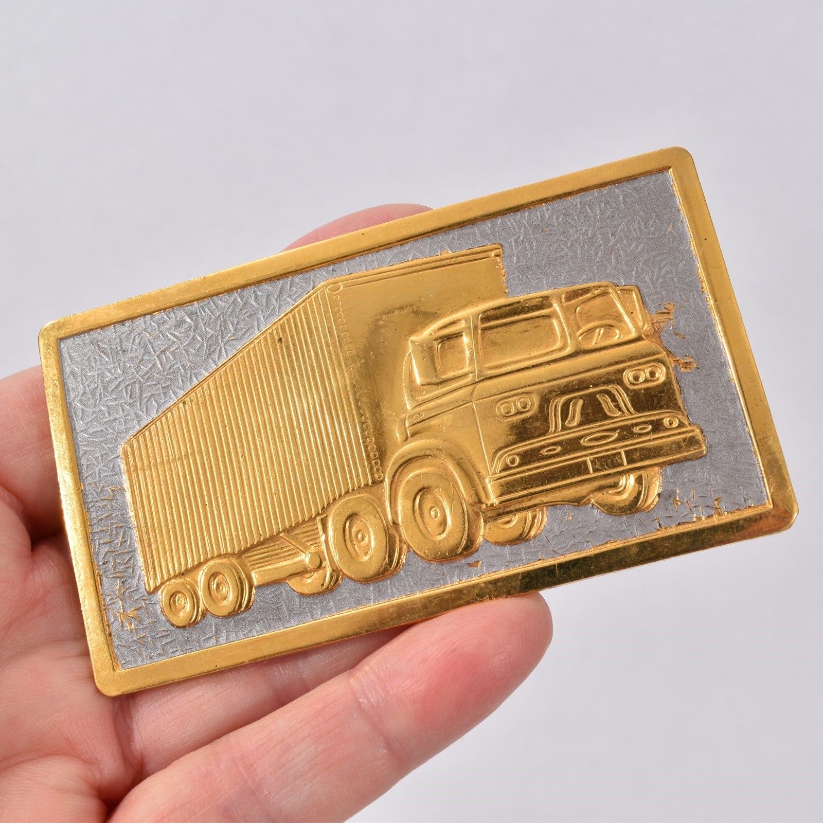 Vintage 1950s Gold Tone TRACTOR TRAILER Big Rig TRUCK BELT BUCKLE Hook Fast