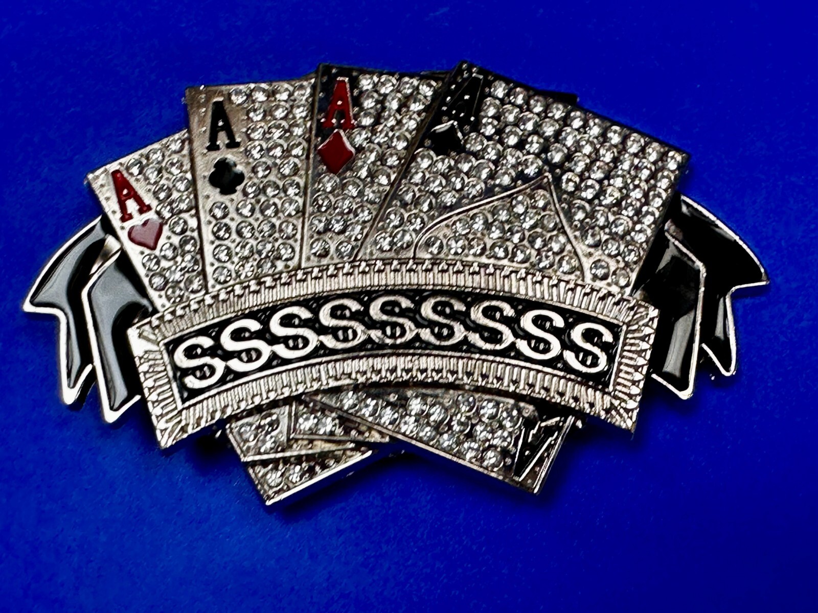 Four Aces Playing Card Game ALL SSSSSSSSSS! Casino Gambling Jeweled Belt Buckle