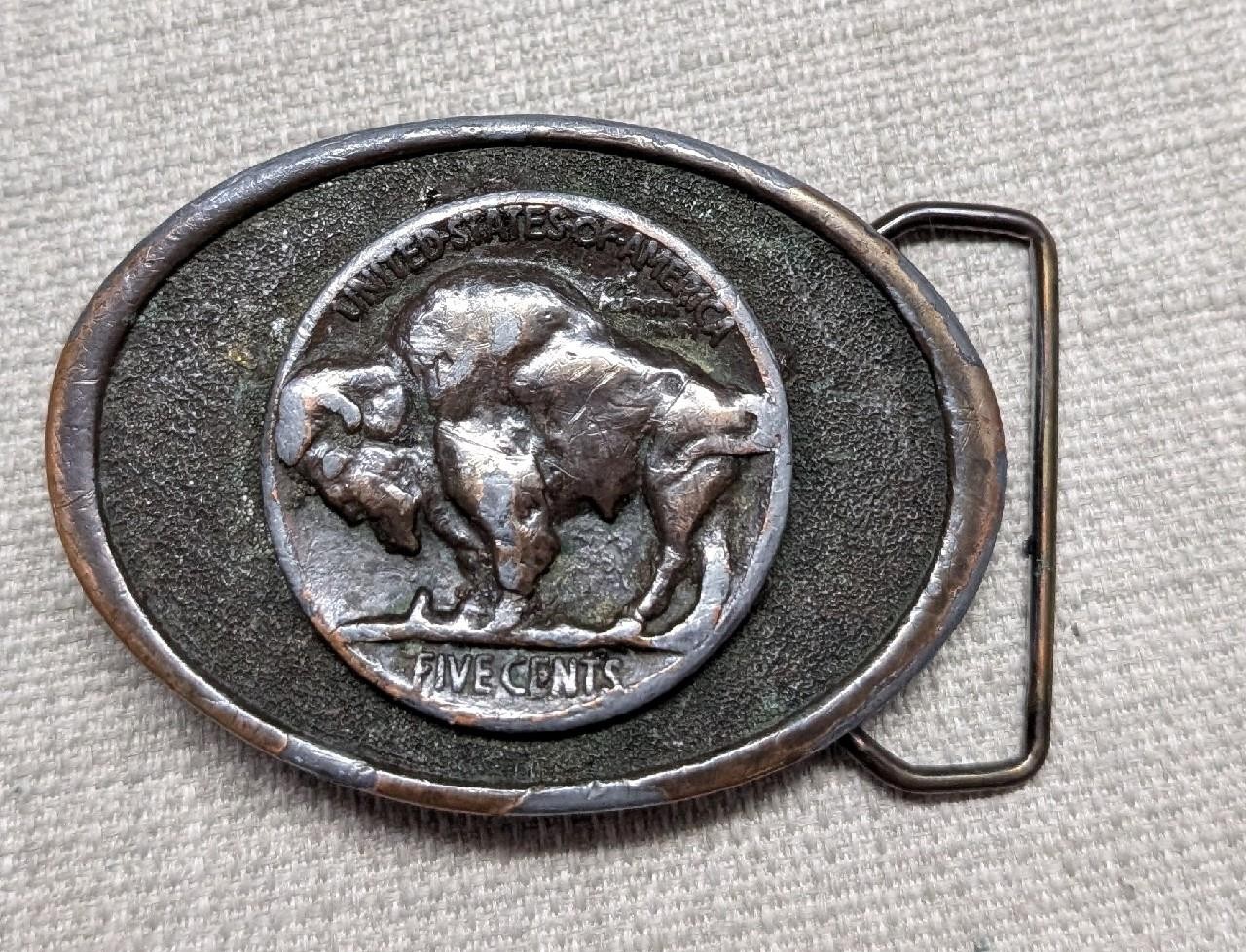 1970s vintage BUFFALO NICKEL belt buckle BRONZE heavy brass WESTERN cowboy