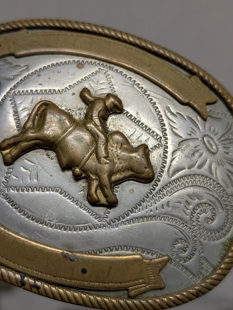vintage RODEO buckle belt BULL RIDER cowboy GERMAN SILVER trophy WESTERN floral