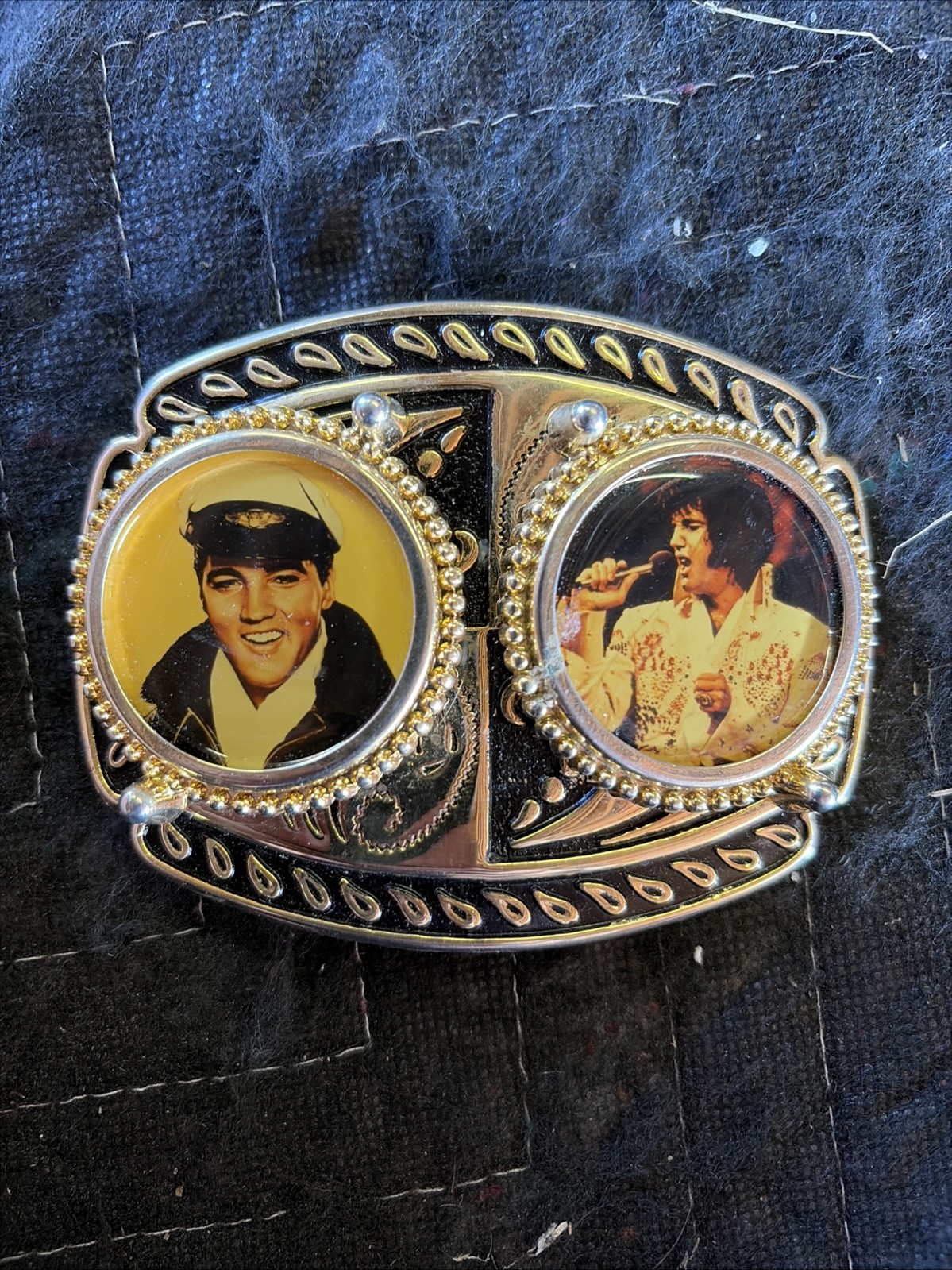 Vintage 1980’S Elvis Presley Belt Buckle Metal Filligree with Photo Made in USA