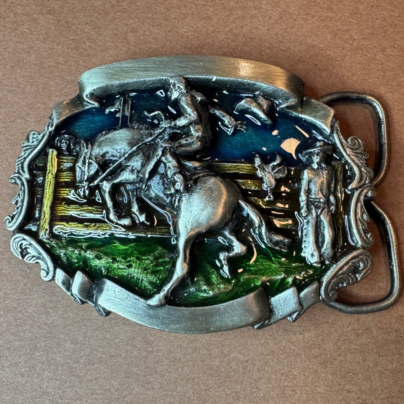 Vintage Western Rodeo Bronco Rider Belt Buckle Enamel Pewter Tone Cowboy Style