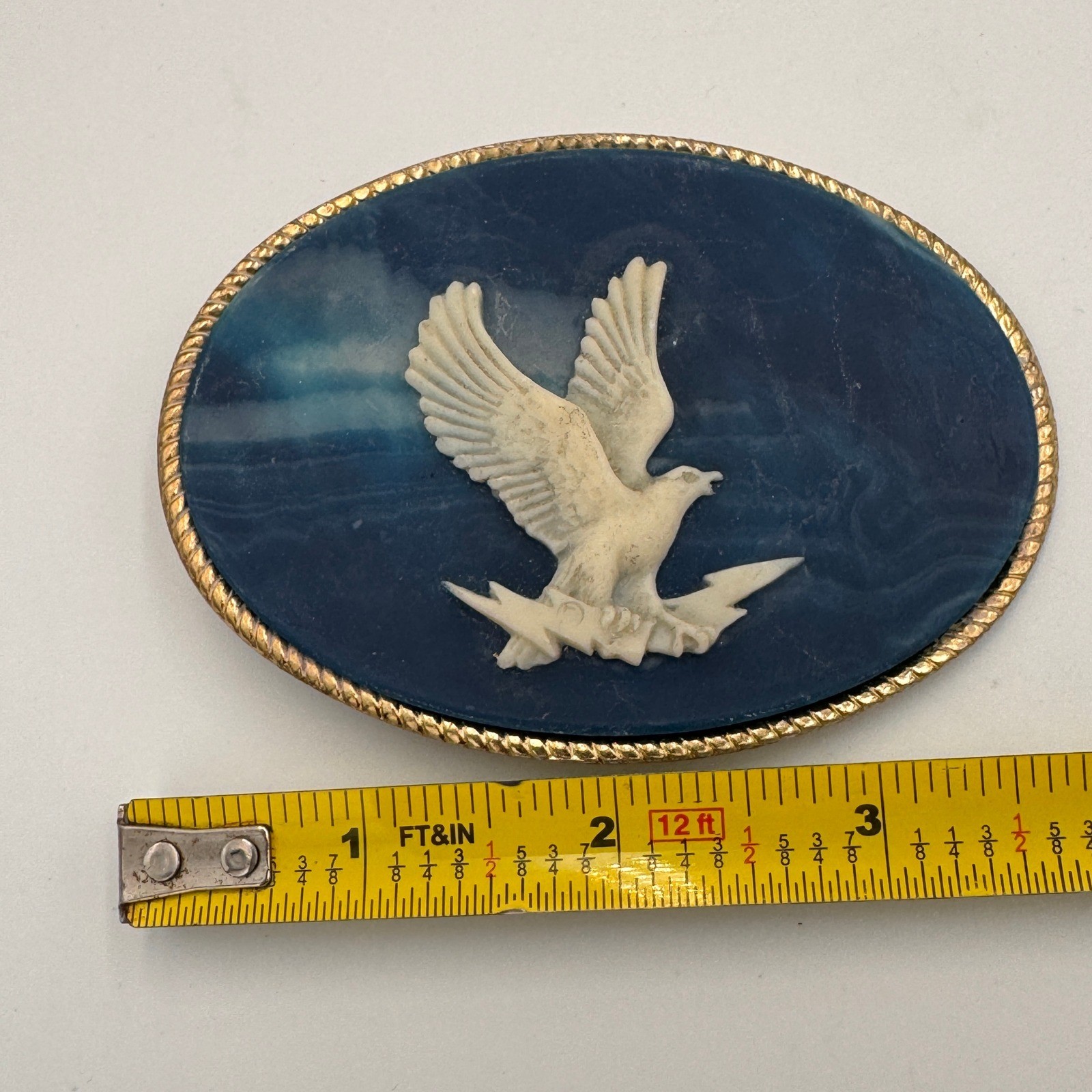 Incolay Stone Eagle Belt Buckle Blue White Marbled Handcrafted USA Vintage Oval