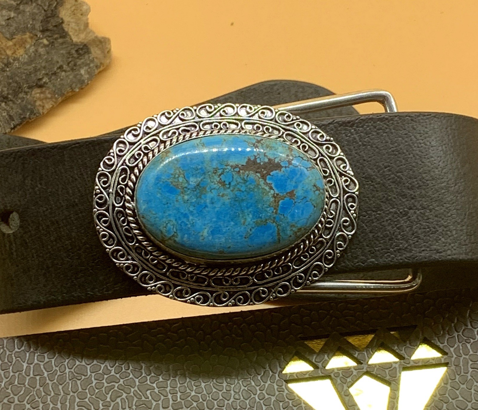 Vintage Western Belt Buckle Turquoise Stone Silver Tone Cowboy Rodeo Boho
