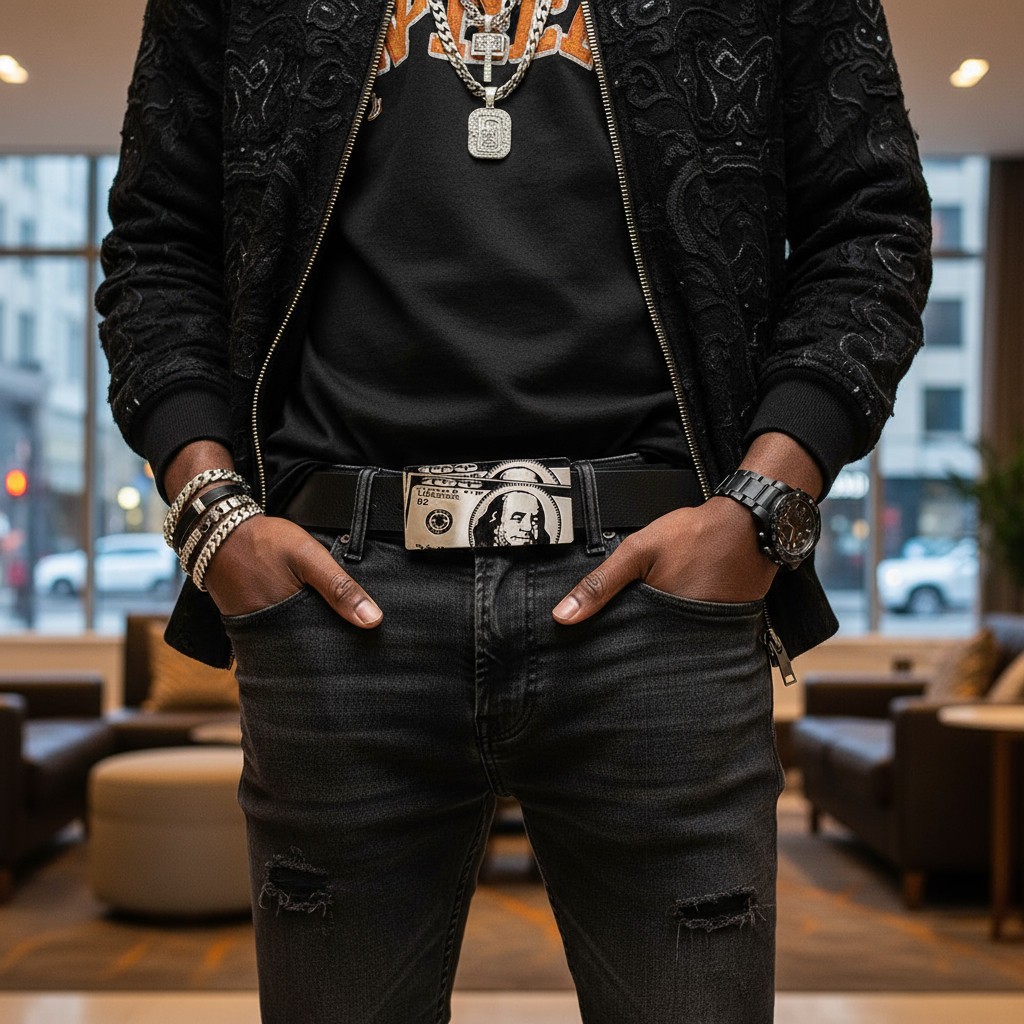 Big Men Silver Metal Belt Buckle Hip Hop Street Fashion Gangster 100$ Bill Money
