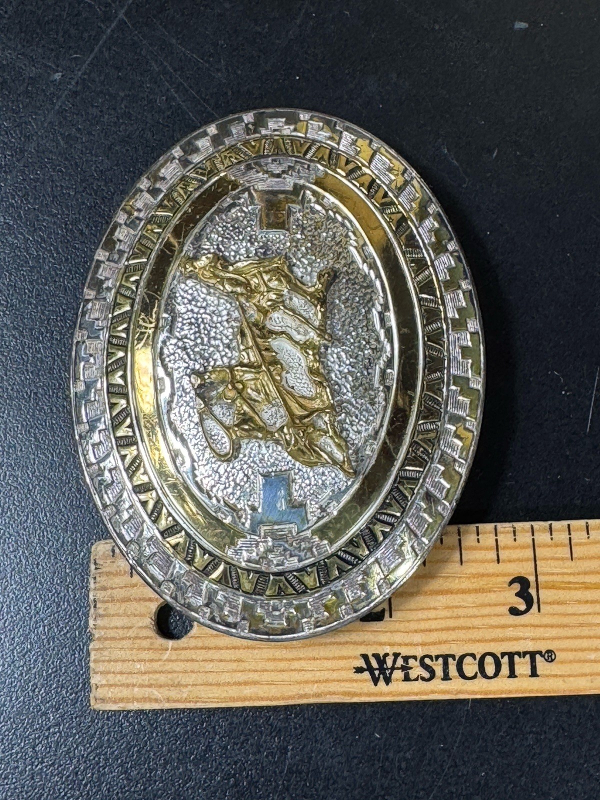 Vintage Crumrine Western Rodeo Team Roping Oval Belt Buckle Heavy Silver Bronze