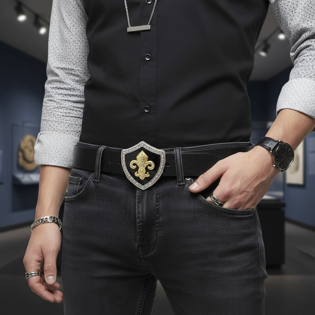 Men Belt Buckle Silver Metal Cowboy Western Gold Fleur De Lys Lily French Shield