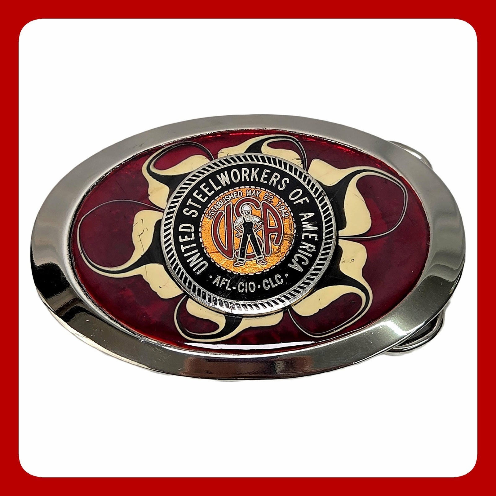 USWA United Steelworkers America AFL-CIO Union Made Silver Red Mens Belt Buckle