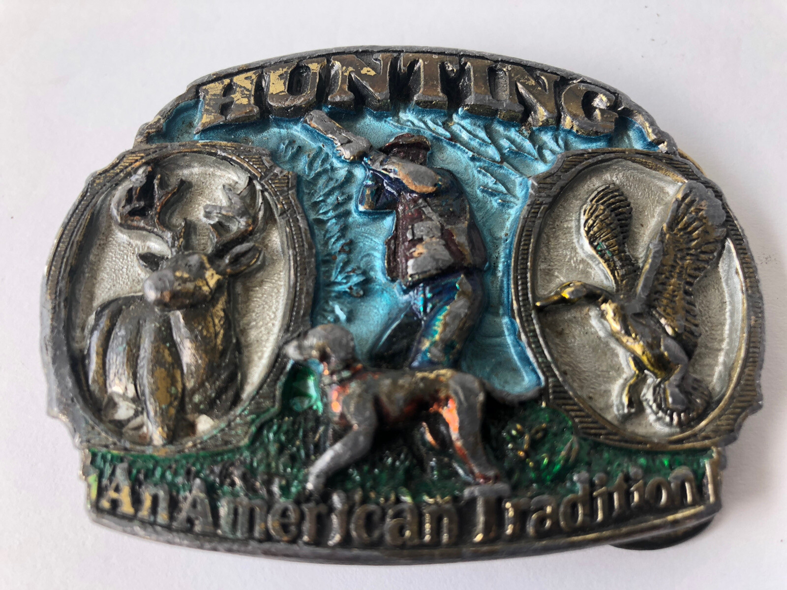 Vintage TEXAS 1986 Great American Buckle Co Brass #1817 Hunting Deer Duck Dog