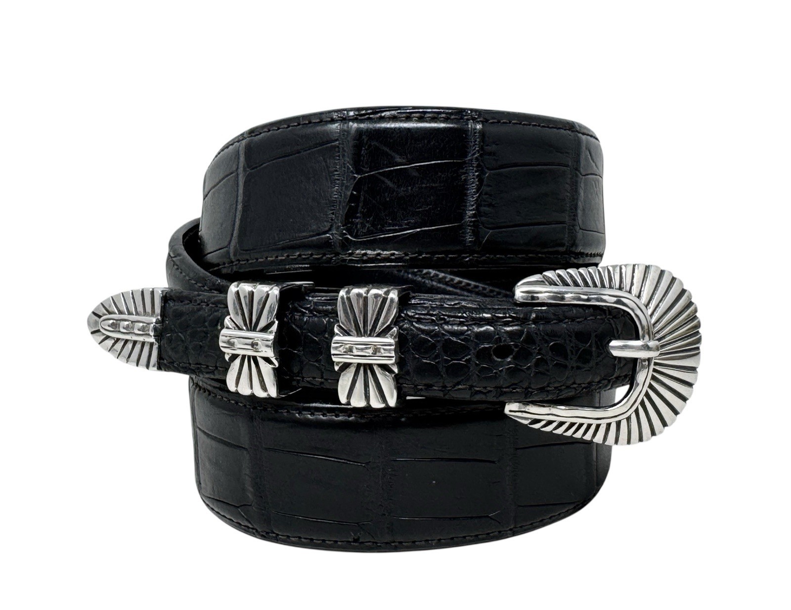 Alexander’s Sterling Silver 4-Piece Belt Buckle Set w/Black Alligator Belt Sz 42