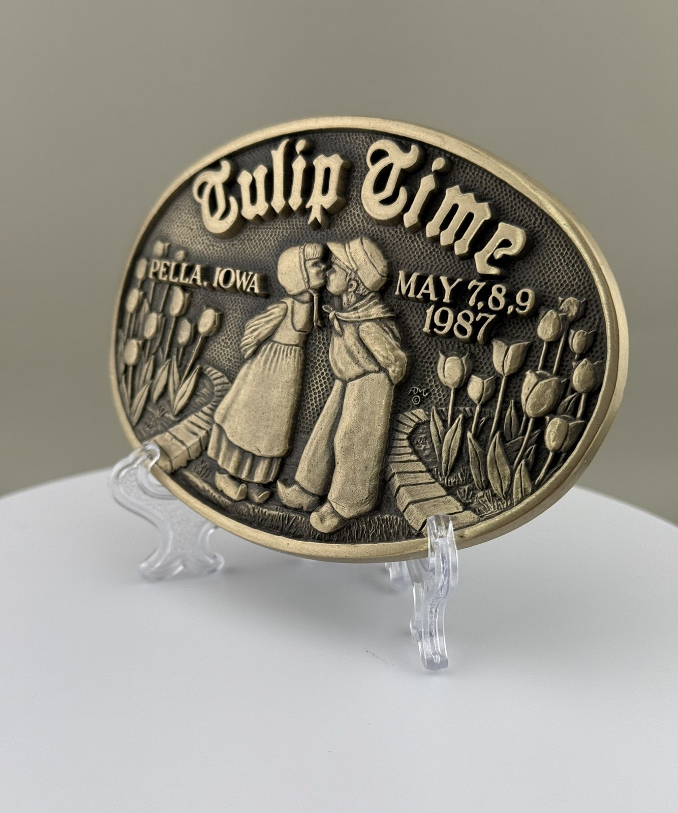 Tulip Time 1987 Pella Iowa Solid Brass Belt Buckle Limited Edition Heavy ADM