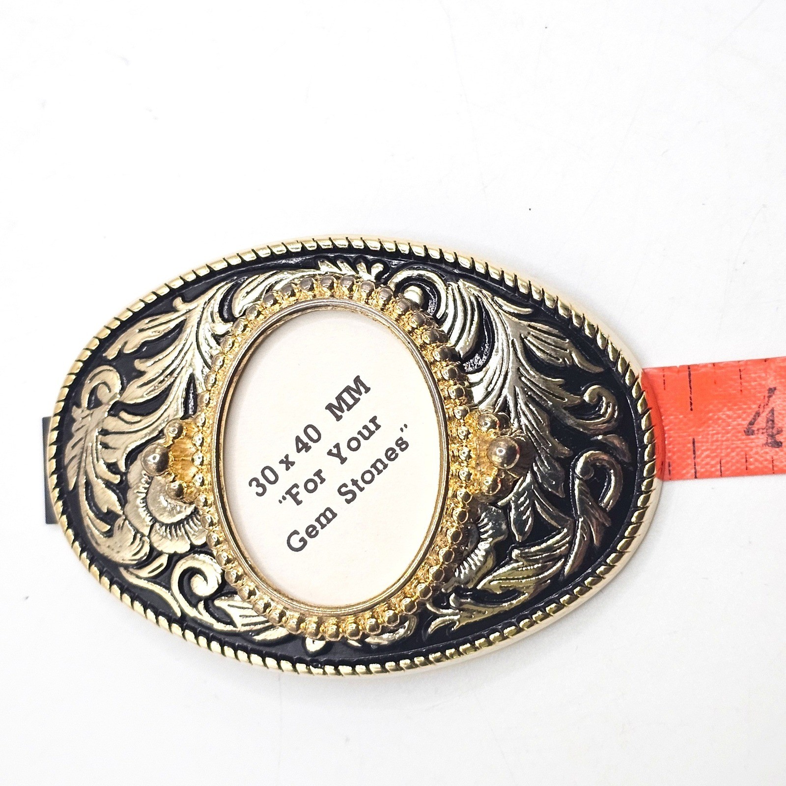 Western Floral Belt Buckle Gold Black Oval 30x40mm Gemstone Setting Made in USA