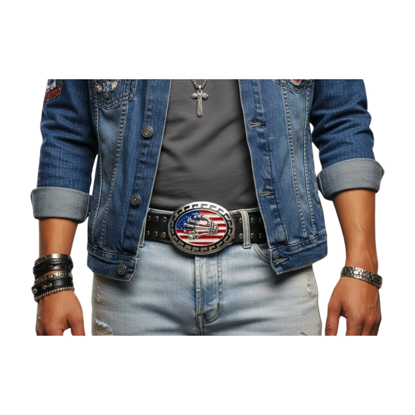 Men Women Silver Metal Belt Buckle Skull Skeleton Fingers Bones Hand USA Flag