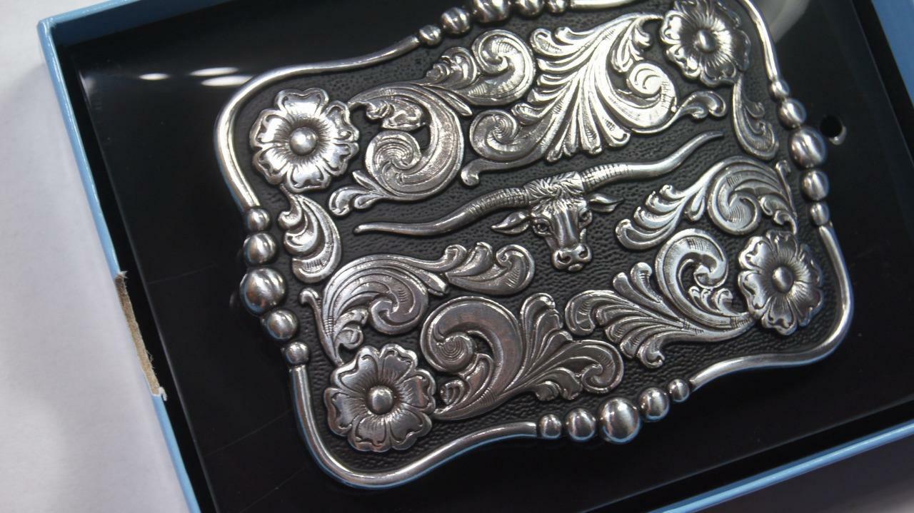 Nocona Western Belt Buckle Rectangle Longhorn Silver Tone and Black 37586